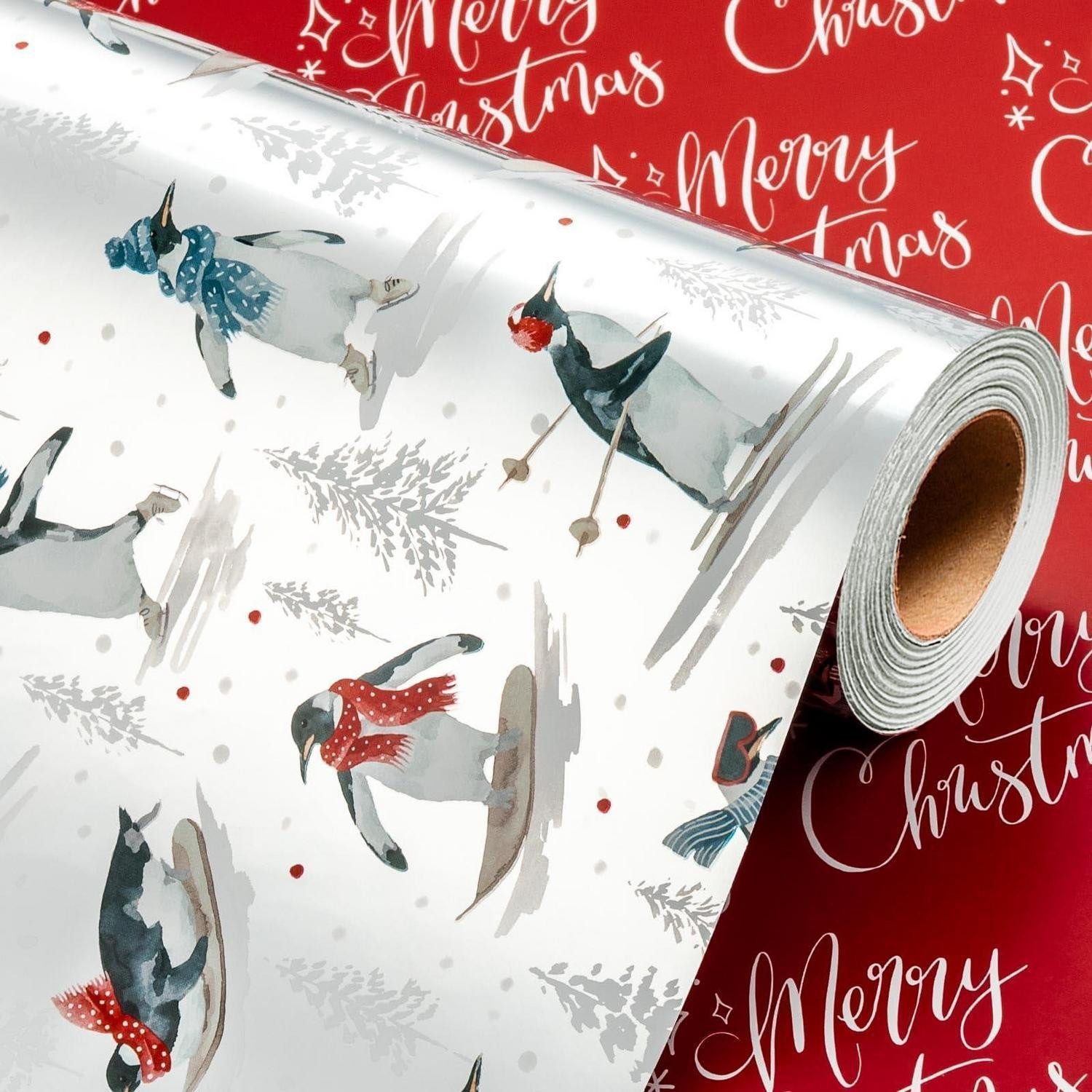 LuxusKollektion Geschenkpapier Geschenkpapier Metallic Silber Pinguin Skifahren 43x10m