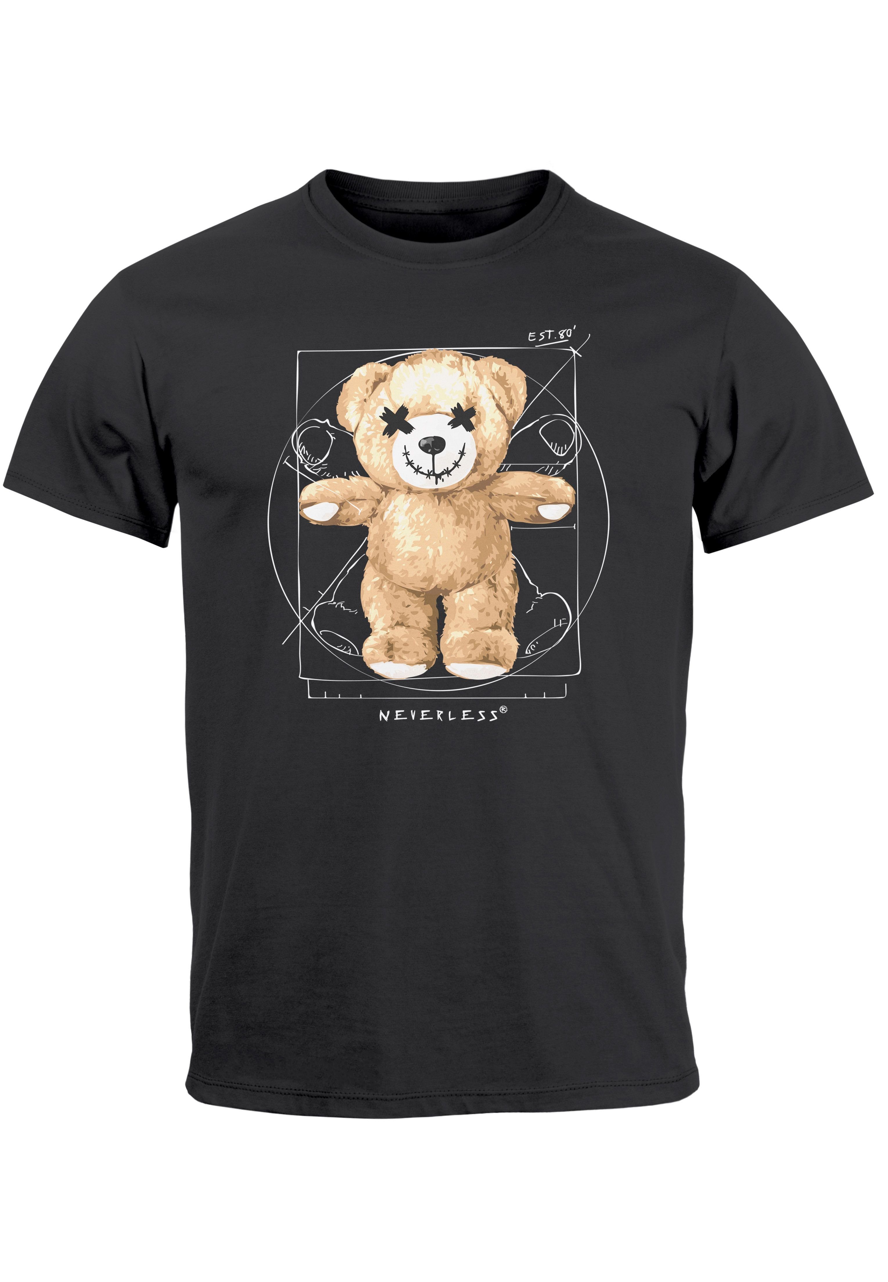 Neverless Print-Shirt Herren T-Shirt Print Teddy Bär DaVinci Meme Parodie Fashion Streetstyl mit Print dunkelgrau