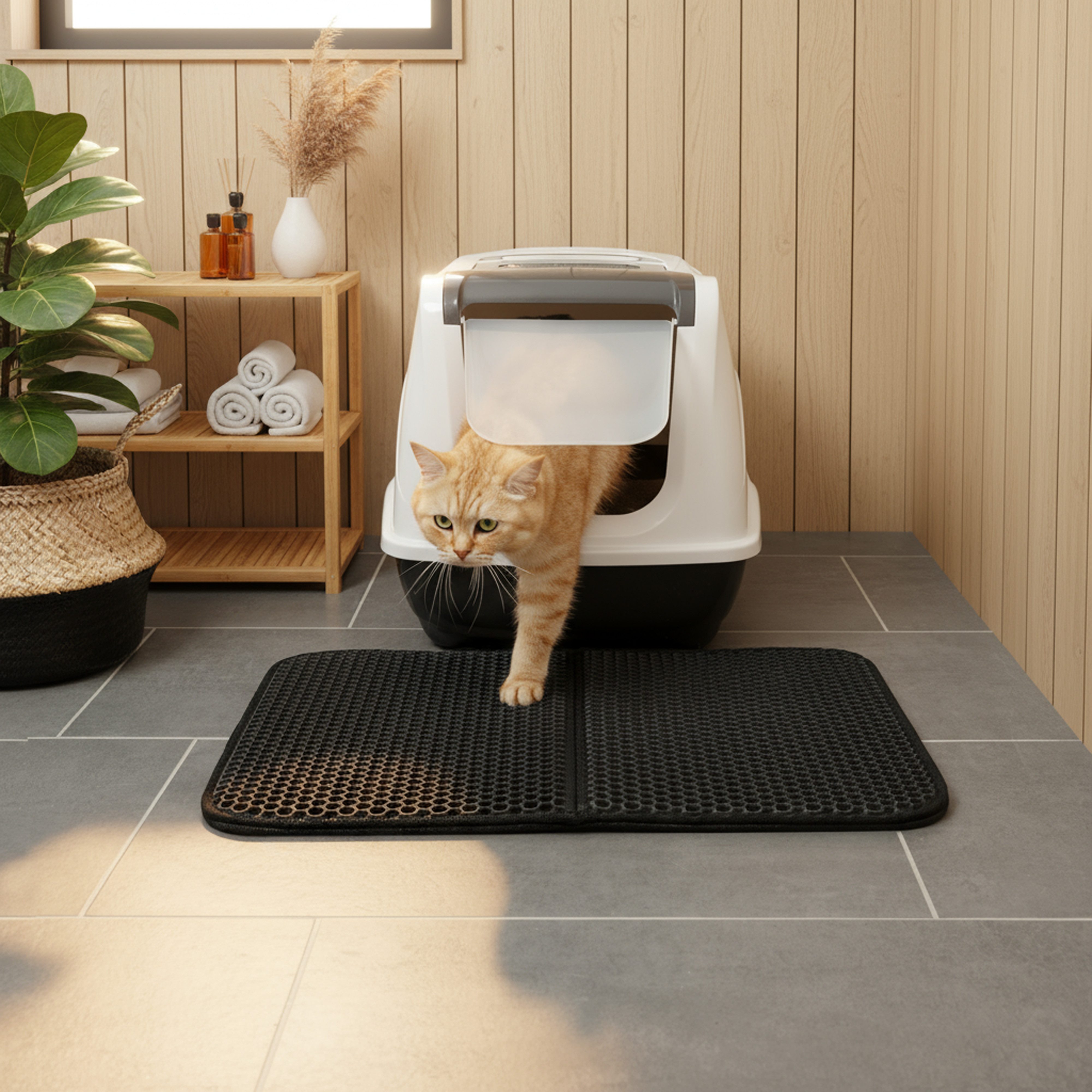 belviona Bodenschutzmatte für Katzentoiletten, Katzenstreumatte 61x38 cm, schwarz, rutschfest, 1-St., EVA-Matte im Bienenwabenmuster, wasserdicht & pflegeleicht – Bild 2 von 5