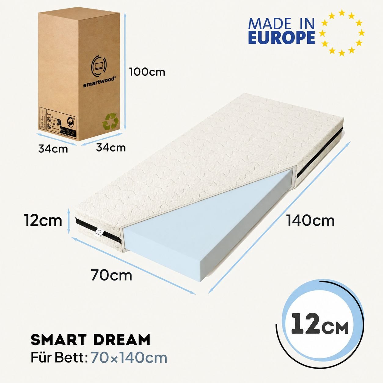 Kindermatratze 70x140 12 cm, H2 Matratze - Atmungsaktiv, Abnehmbarer Bezug, Wendbar, Smartwood – Bild 3 von 5