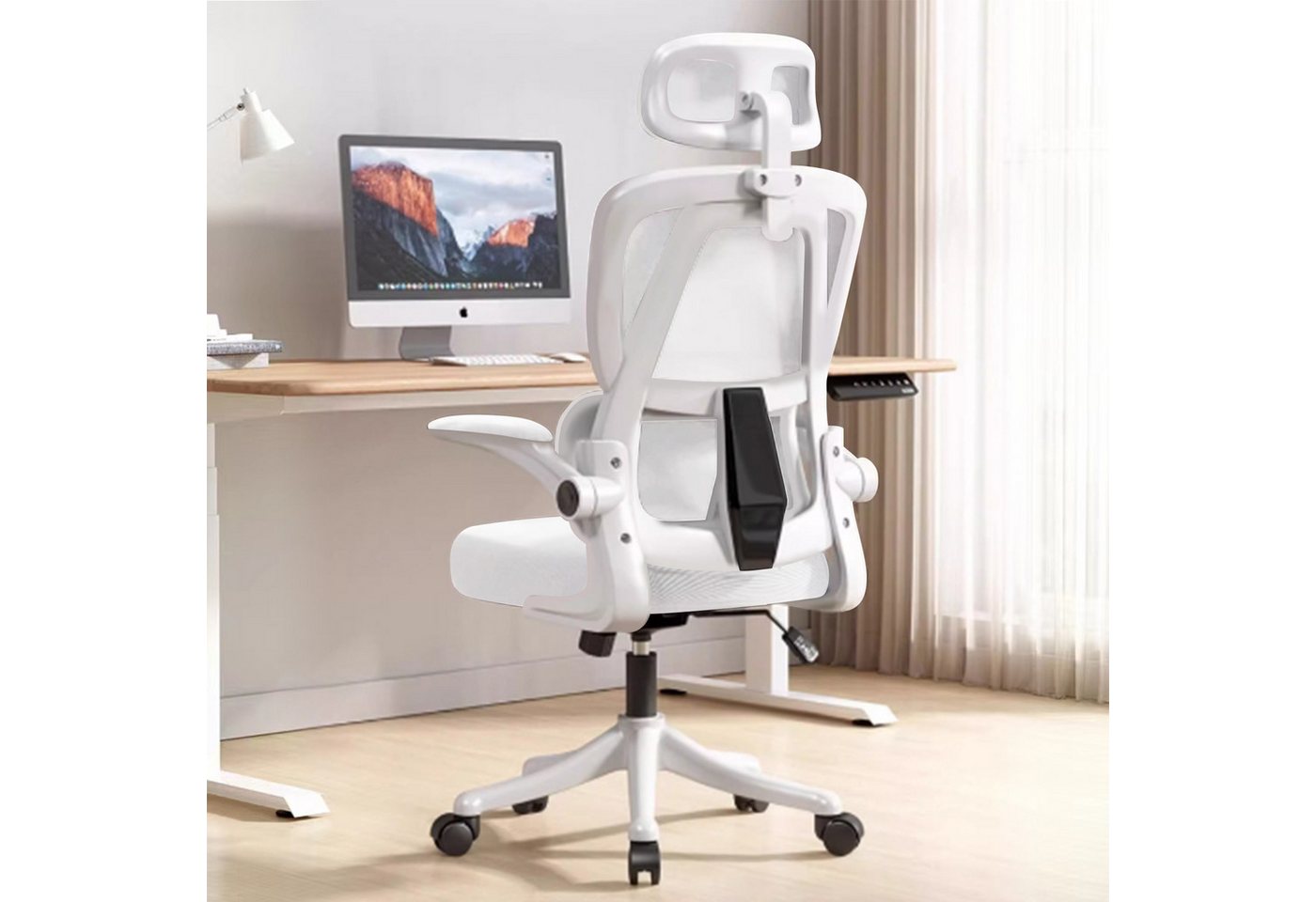 HDHNBA Schreibtischstuhl ergonomisch mit verstellbarer Kopfstütze & klappbaren Armlehnen (1 St), Bürostuhl mit hoher Rückenlehne, Drehstuhl für Home-Office