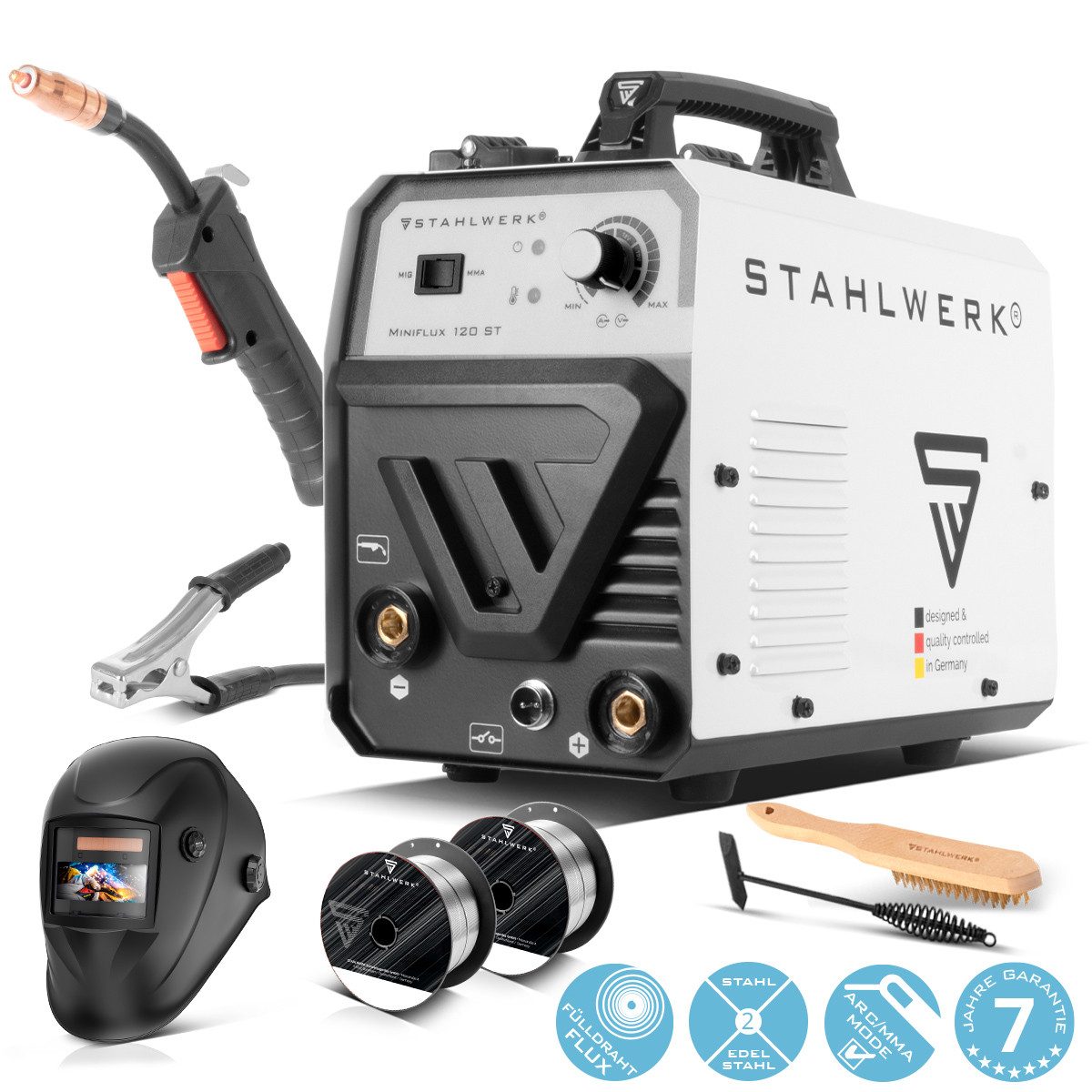 STAHLWERK Fülldrahtschweißgerät Mini FLUX 120 ST Fülldraht Schweißgerät, 20 - 120 A, Packung, 1-tlg., Vollausstattung, mit synergischem Drahtvorschub
