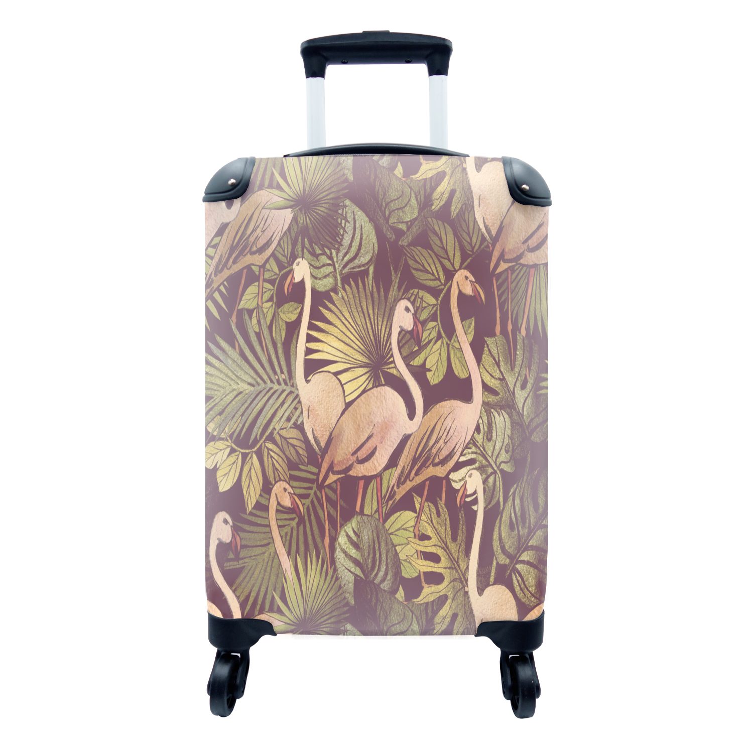 MuchoWow Handgepäckkoffer Vintage - Flamingo - Blätter - Dschungel - Muster, 4 Rollen, Reisetasche mit rollen, Handgepäck für Ferien, Trolley, Reisekoffer