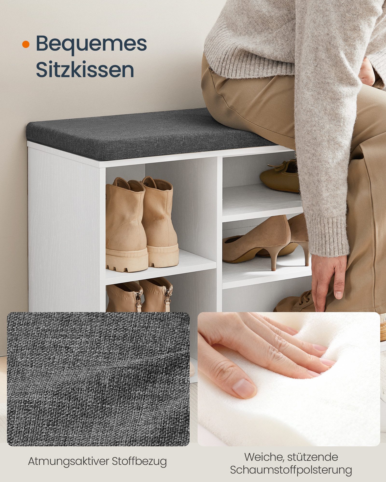 SONGMICS HOME Schuhbank Sitzbank mit Stauraum, offene Fächer, verstellbar, Schuhschrank, Toolless-Technologie, superschnelle werkzeuglose Montage – Bild 5 von 5