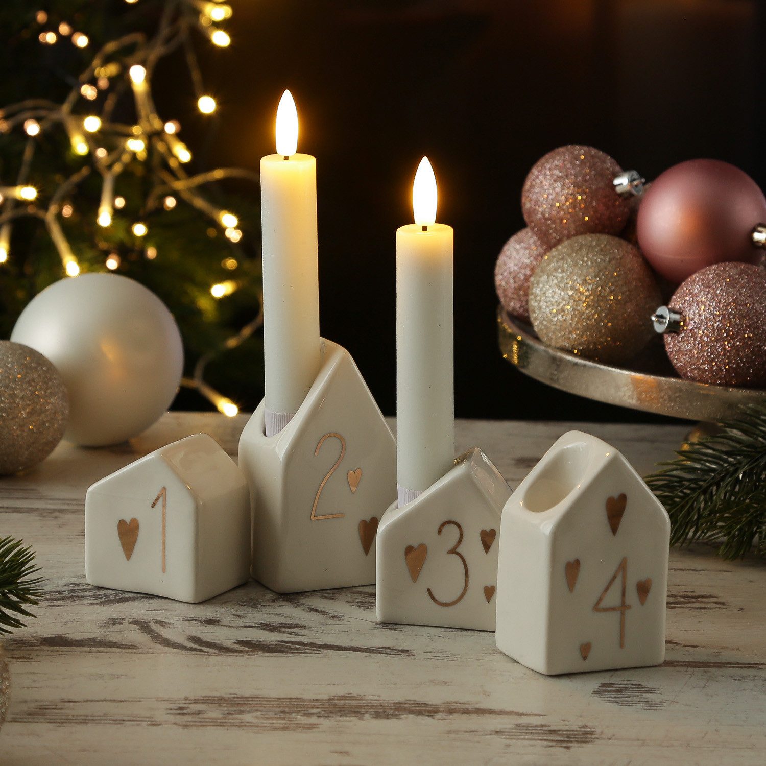 MARELIDA Kerzenhalter Stabkerzenhalter 4 Adventshäuschen Herzen Kerzenständer Adventszahlen