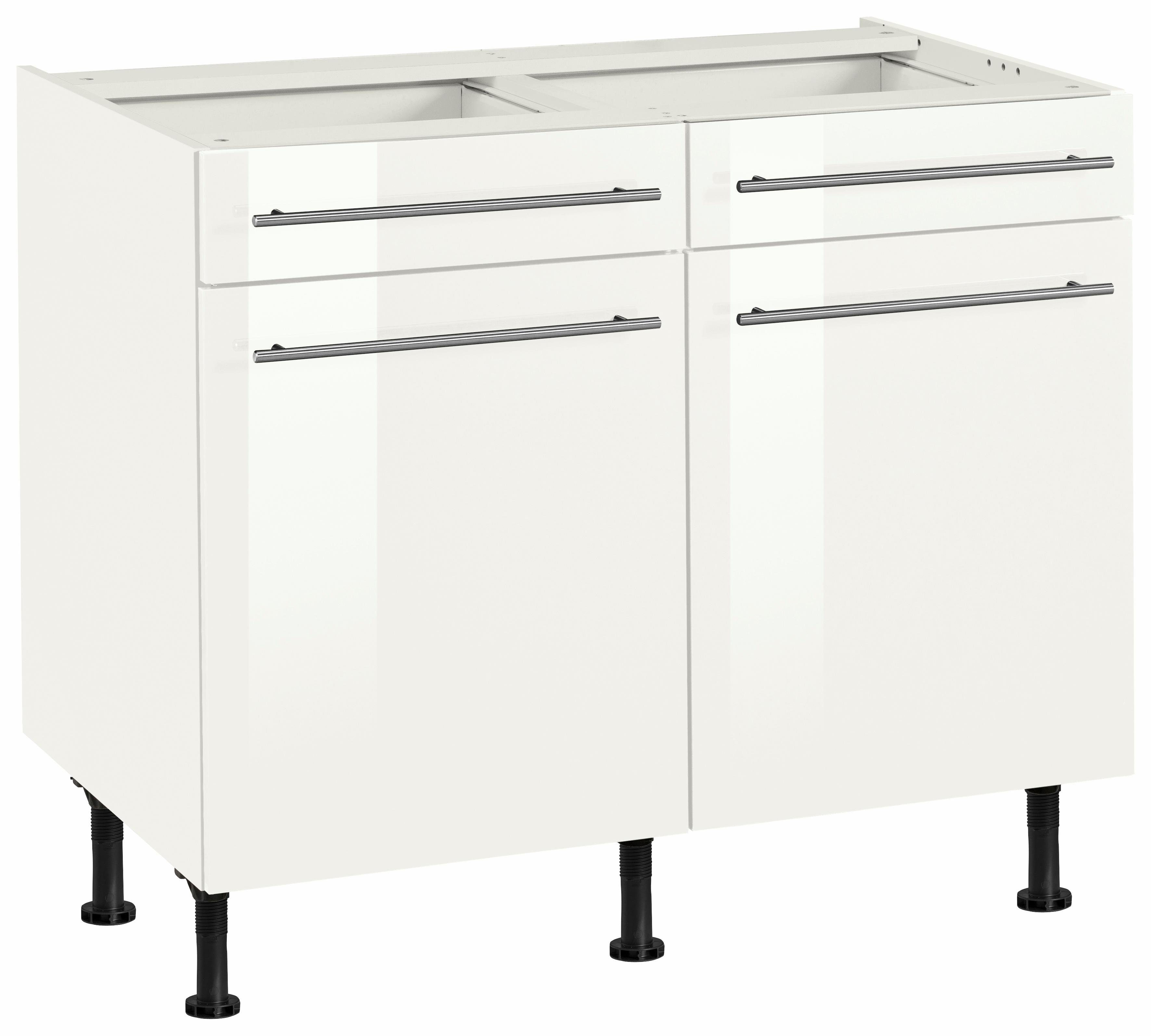 OPTIFIT Unterschrank Bern 100 cm breit, mit 2 Türen, 2 Schubkästen, höhenverstellbare Füße weiß Hochglanz/weiß | weiß