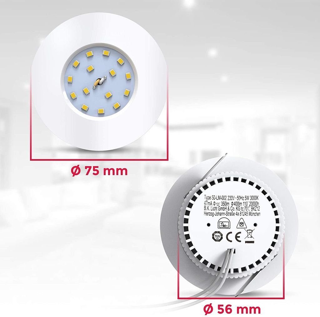 B.K.Licht LED Bad, ; benötigter Decken-Spot, Ø75mm Einbauleuchte, fest LED Einbautiefe: Warmweiß, IP44, Einbaustrahler, 5W Außen: Deckenausschnitt: integriert, Ø60 inkl. ; Einbaumaße: ultra-flach, 400lm, 30mm