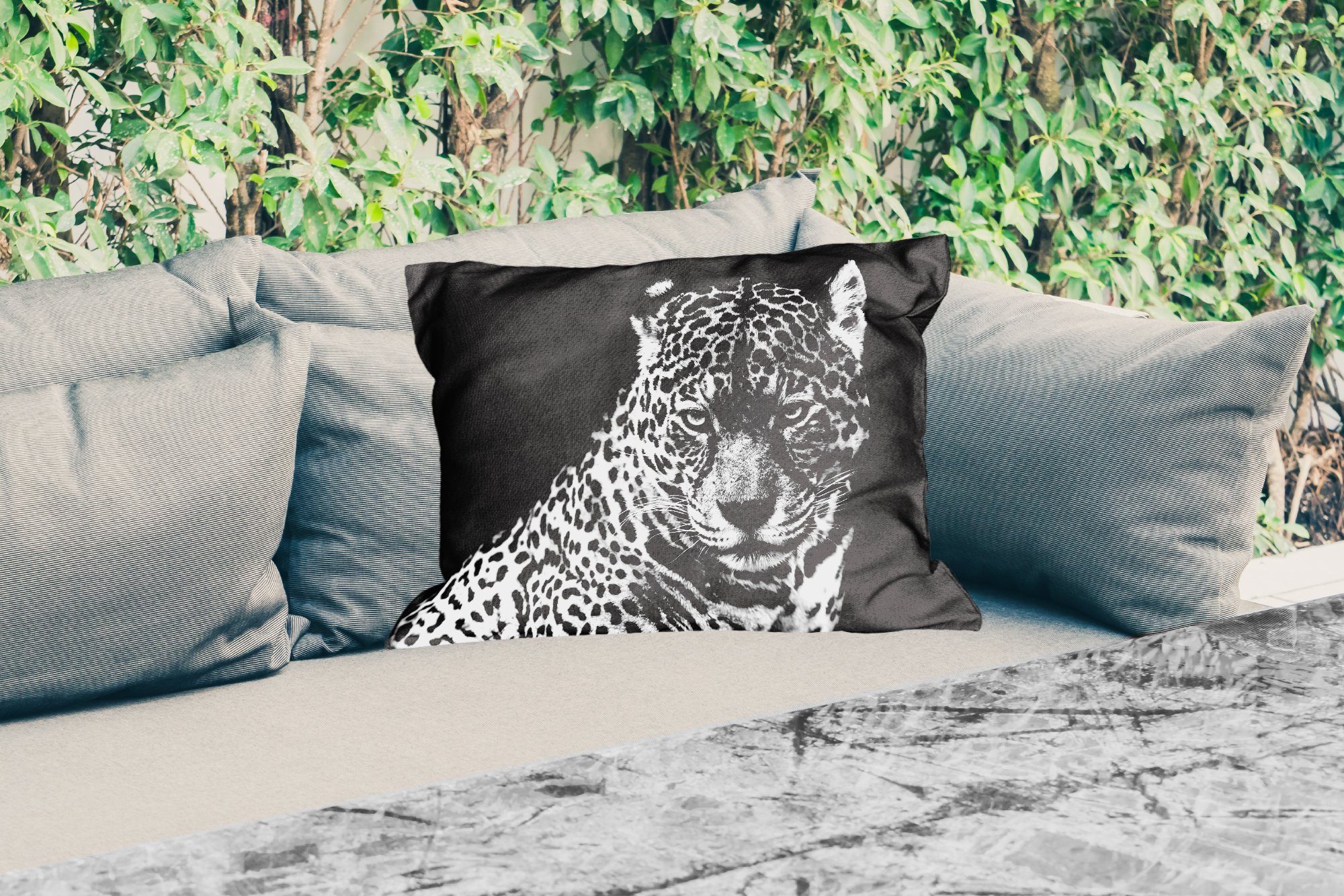 - Leopard Weiß Outdoor-Dekorationskissen, Tiere Porträt, Dekokissenbezug, Kissenhülle - Schwarz - Polyester, Dekokissen MuchoWow -