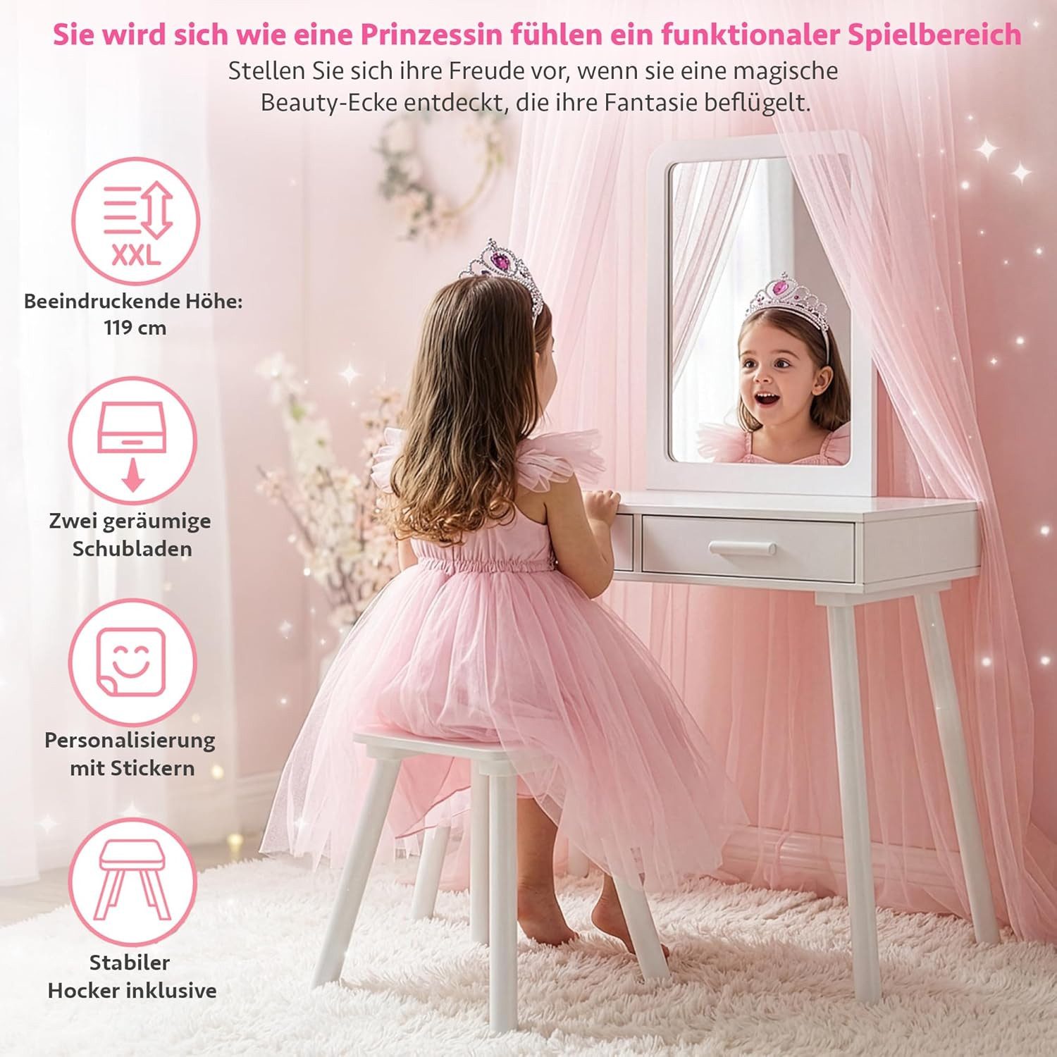 Green Series Schminktisch Holz Schminktisch Kinder – sicher & kreativ – mit Hocker & Spiegel, Lustro z plexi i dwie szuflady