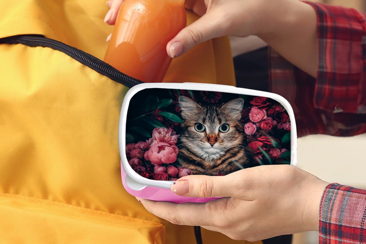 MuchoWow Lunchbox Katze - für Blumen Mädchen, (2-tlg), Brotbox Brotdose Erwachsene, rosa Kunststoff - Kinder, Tiere Snackbox, Botanisch, - Kunststoff