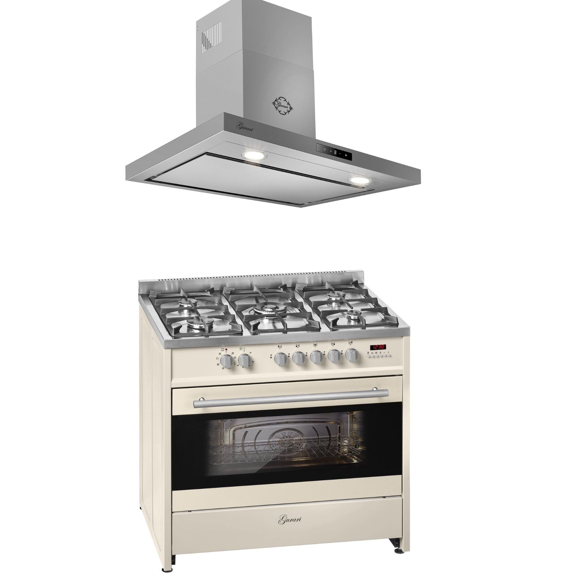 GURARI Gas-Standherd Gas Elektro Standherd 90 cm, XXL Backofen 121 L, 8 Funktionen+Dunstabzugshaube 90 cm,Edelstahl, Glas, 1000m³/h GCH E 911 Cr +CH 5001, mit 1-fach-Teleskopauszug, Gas Elektro Standherd 90 cm+Dunstabzugshaube 90 cm
