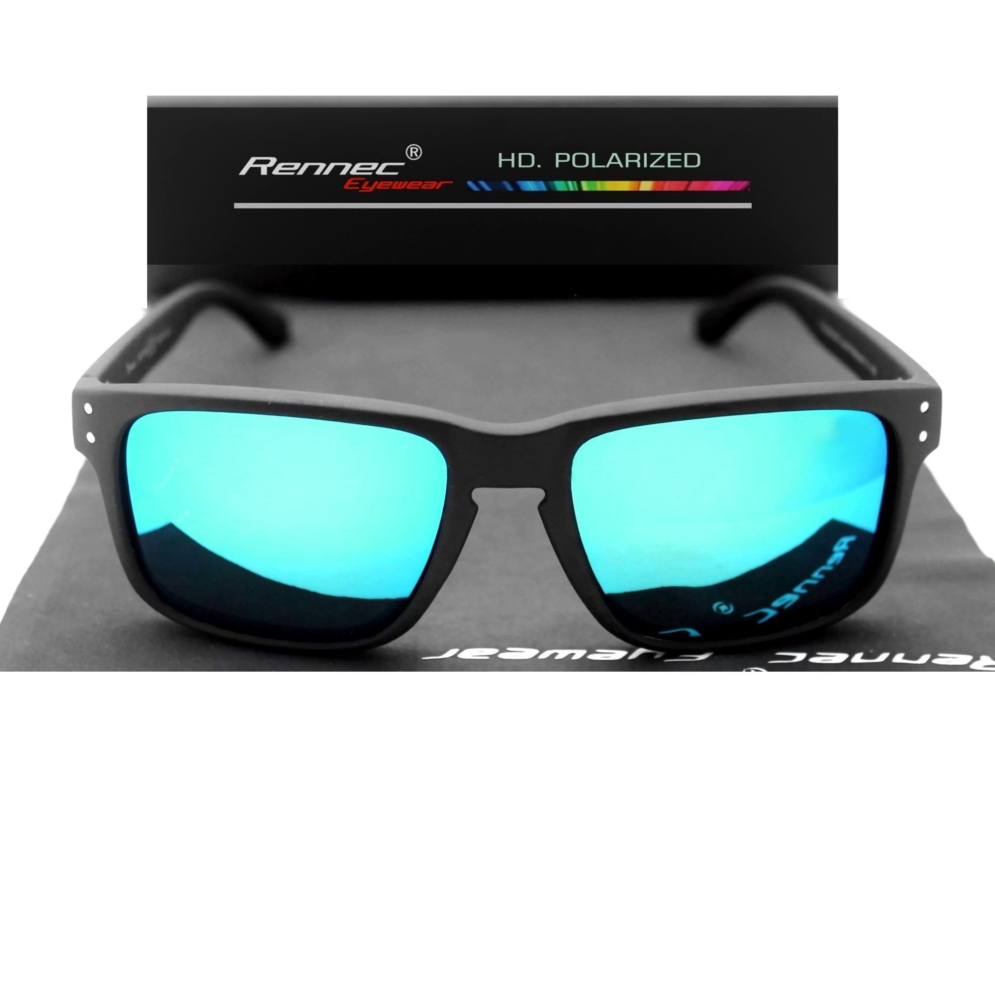 Rennec Sonnenbrille Herren Markenbrille Polarisiert Rechteckig mit Brillenbeutel Gläser Türkis Verspiegelt Markenschriftzug Stabile Bügelgelenke