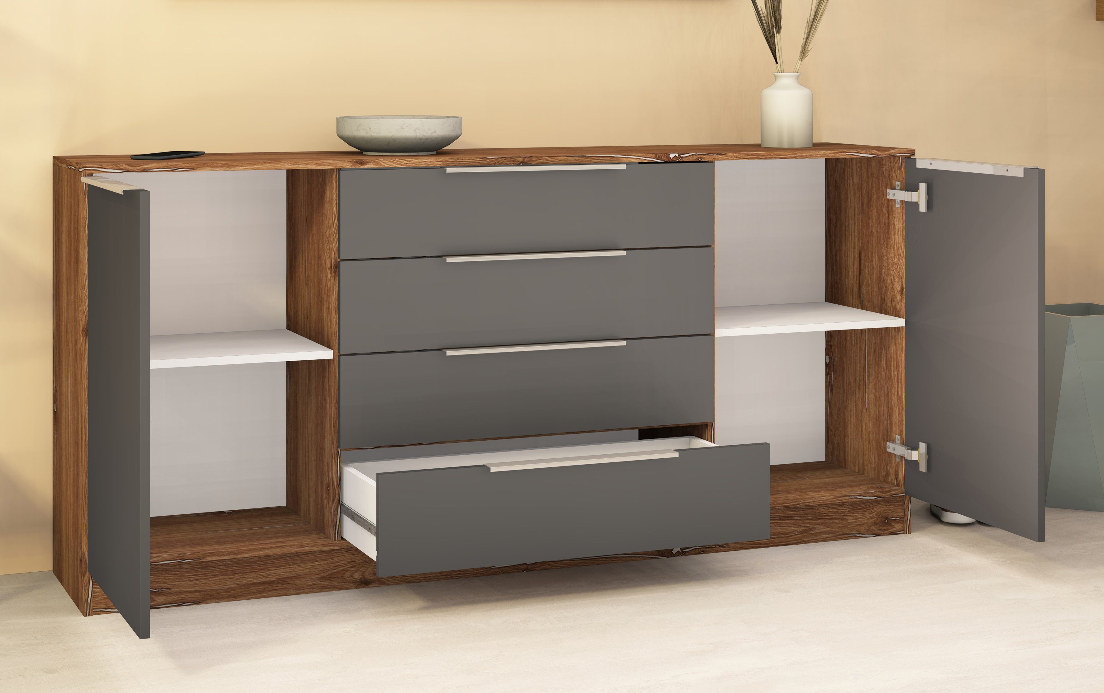 borchardt Möbel Kommode Oliva, Kommode mit Metallgriffen, Breite 166 cm, mit 4 Schubkästen