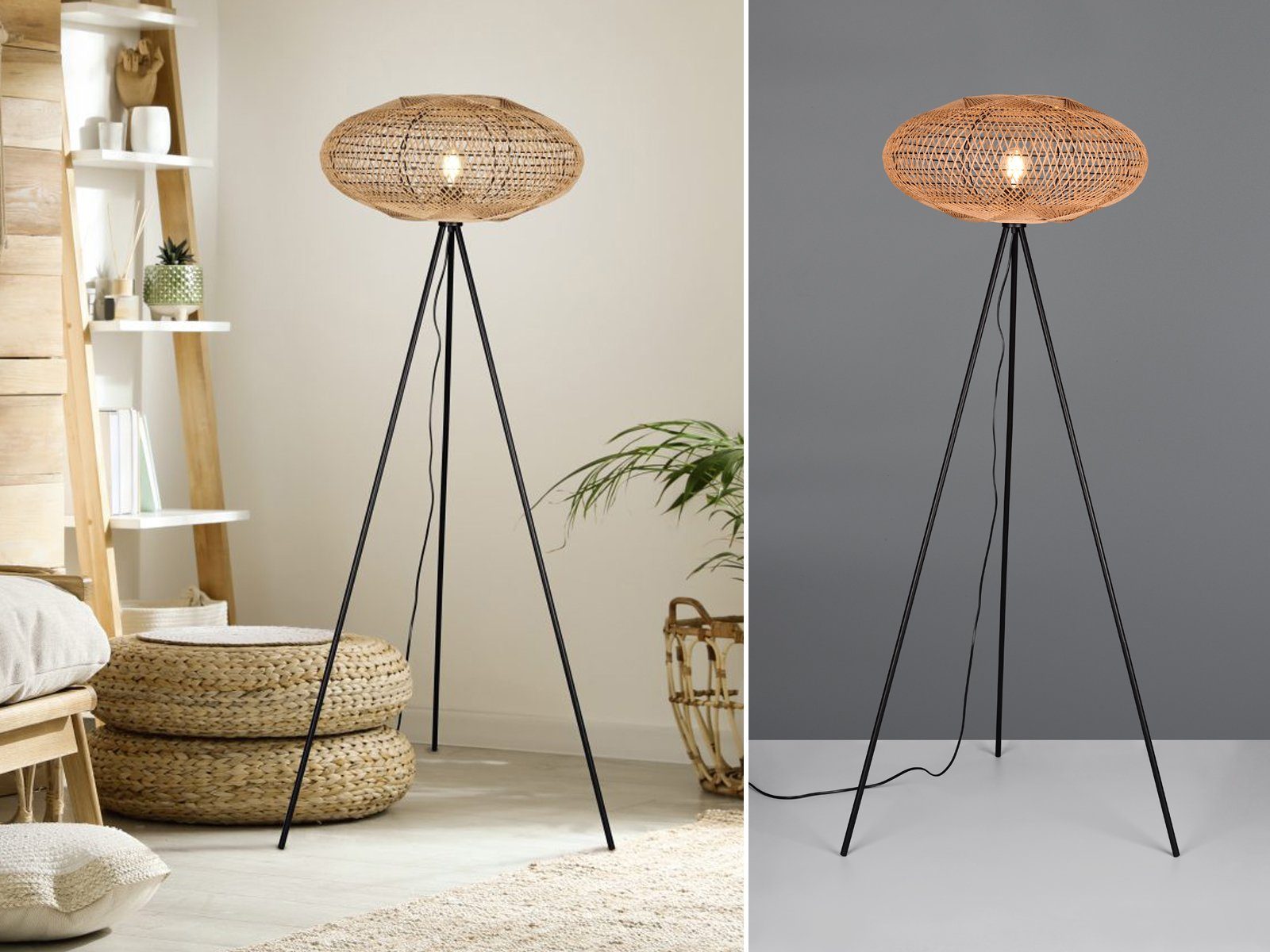 TRIO Leuchten LED Stehlampe, Dimmfunktion, LED wechselbar, warmweiß, ausgefallene moderne Tripod Korblampe dimmbar Dreibein Boho Höhe 150cm