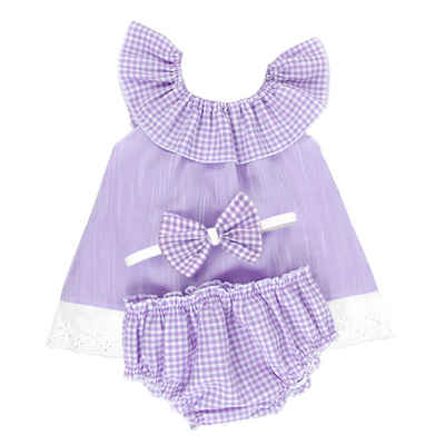 Lollipop Sommerkleid Made in EU, 3-er Lila Baby Mädchen-Set, 56-86, Bluse mit Rüschen, Unterhose und Stirnband, 3-teiliges Set, Sommer Set, Baby Geschenk