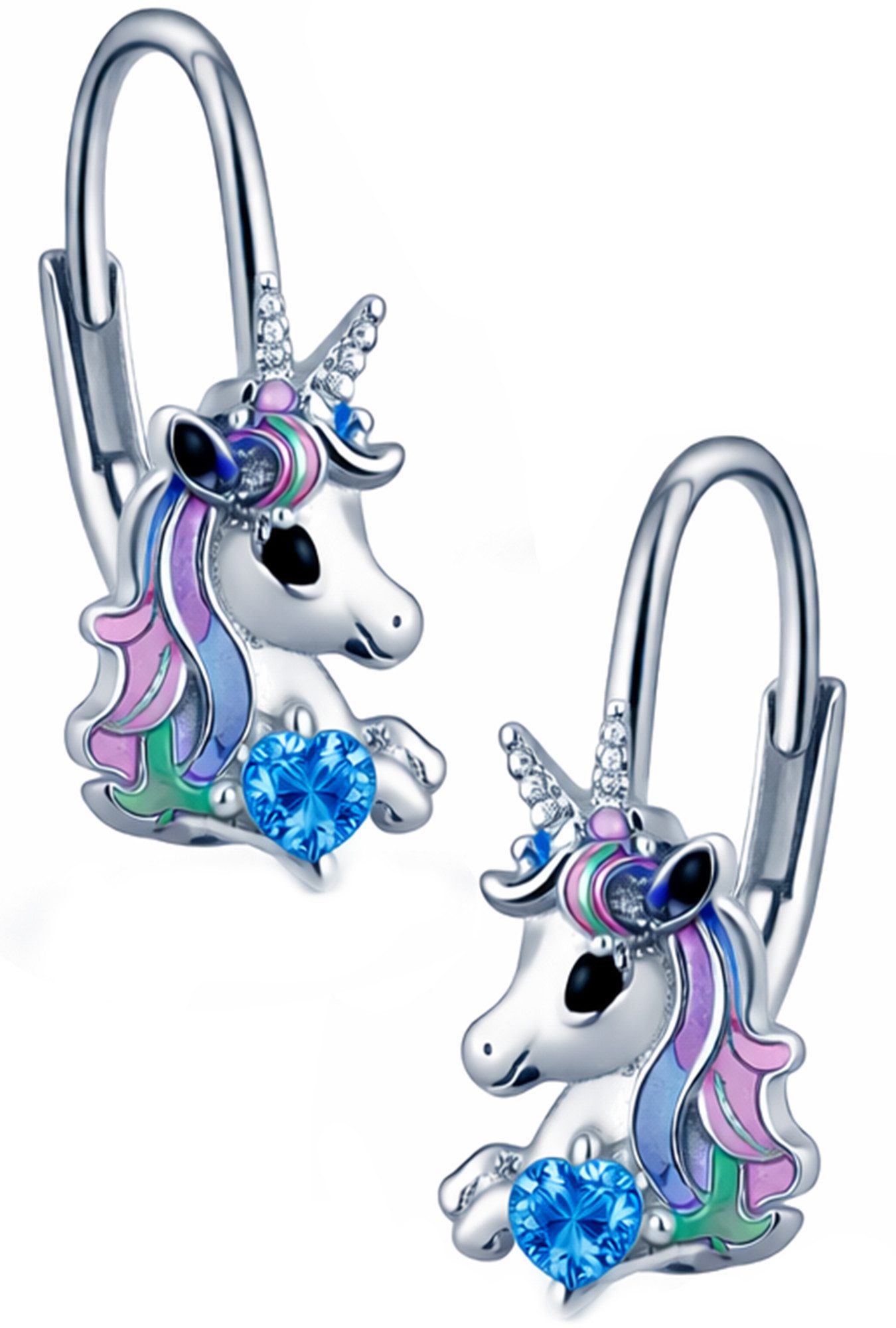 Limana Paar Ohrhänger Kinder Einhorn Pferde hängende Ohrringe 925 Silber bunt Brisur Mädchen (inkl. Dose Silberschmuck Echtschmuck Schmuck Geschenk für Geburtstag), Ostern Einschulung Schulanfang Nikolaus Kommunion Weihnachten