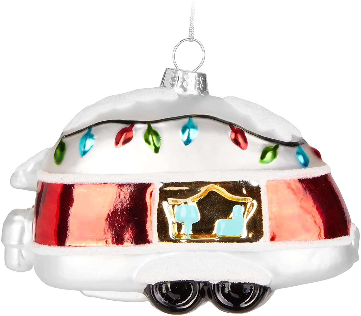 BRUBAKER Christbaumschmuck Retro Wohnwagen Rot Weiß (1-tlg), Handbemalte Baumkugel aus Glas - Mundgeblasener Christbaumschmuck Figuren Deko Anhänger Lustige Weihnachtskugel - 11 cm