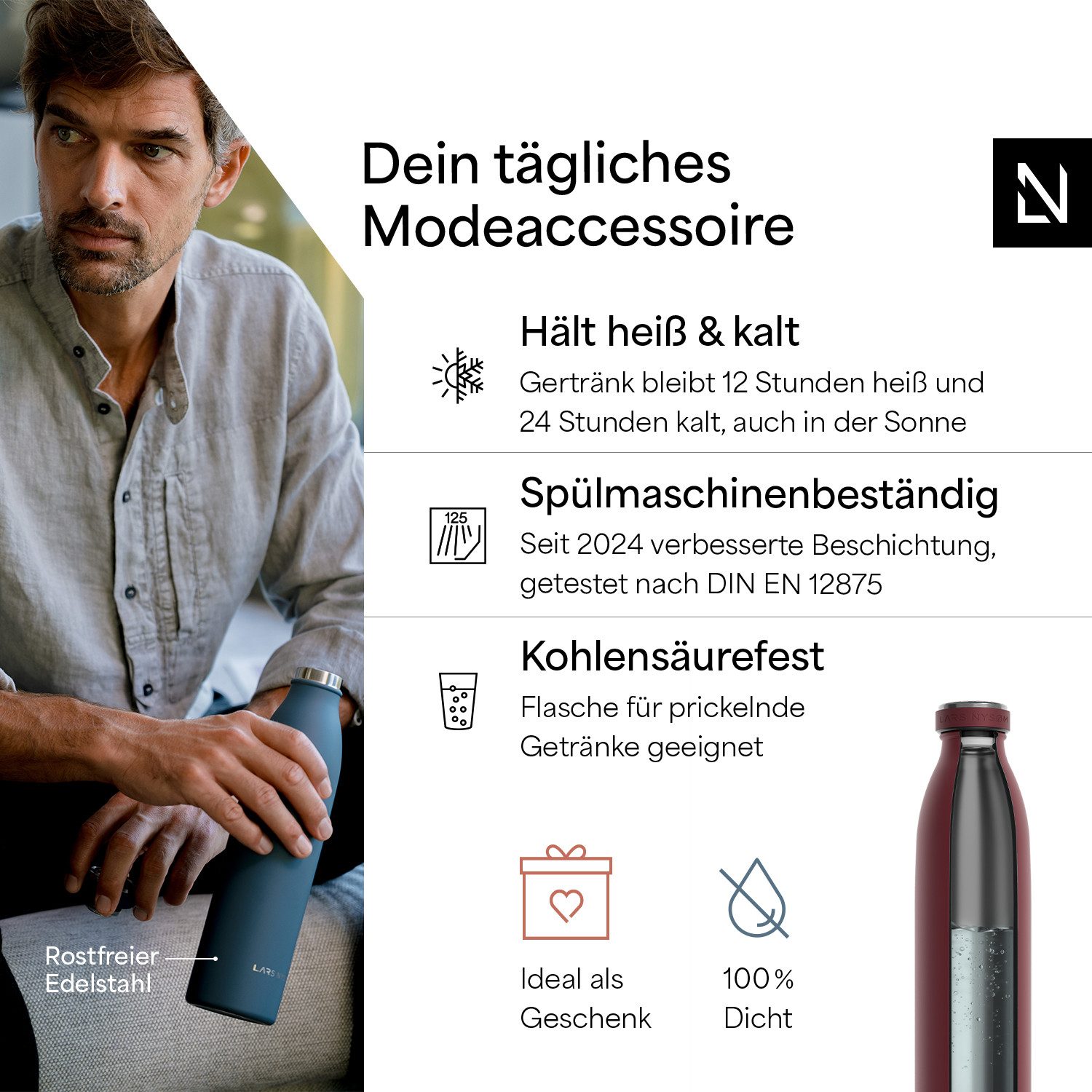 LARS NYSØM Thermoflasche Ren, Isolierflasche mit Vakuum Isolierung: 12h heiß / 24h kühl