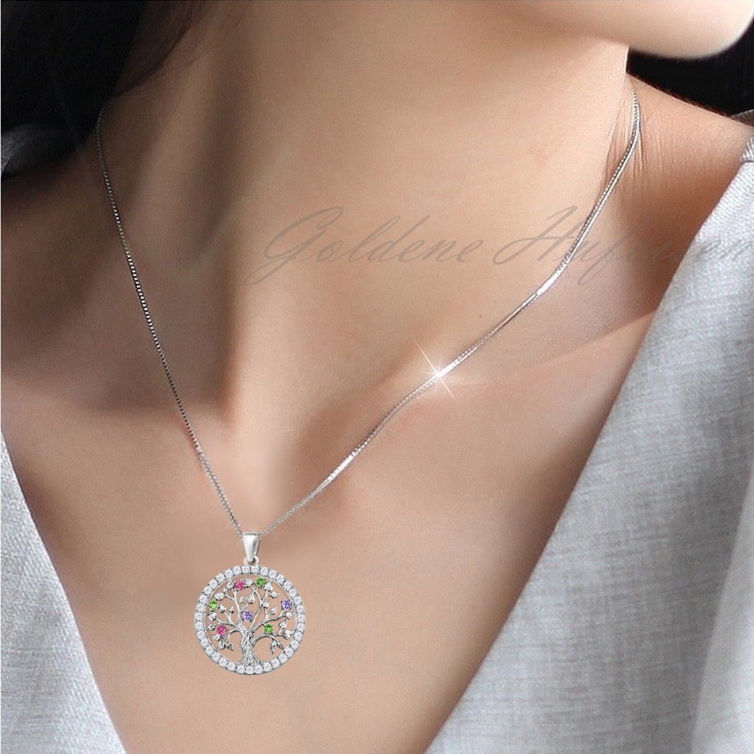 Goldene Hufeisen Kettenanhänger Lebensbaum Anhänger 925 Echt Silber mit Zirkonia Damen Glücksbringer (1 Stück, inkl. Etui), Rhodiniert