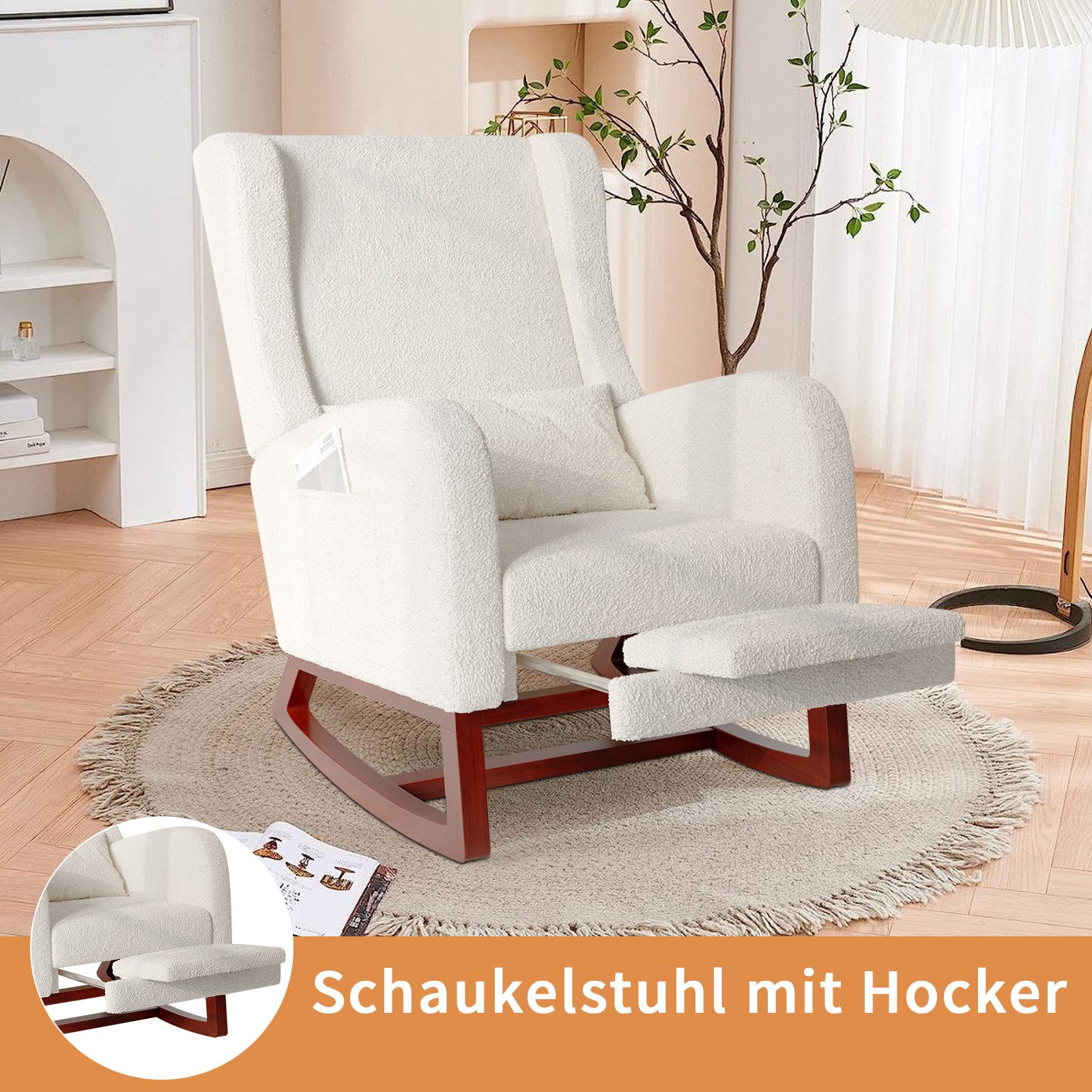 FUROKOY Schaukelstuhl Relaxsessel Stillsessel mit Holzsockel Fußstütze (Set, 1 St), Schaukelsessel,Teddystoff,2 Seitentaschen,1 Lendenkissen,Beige