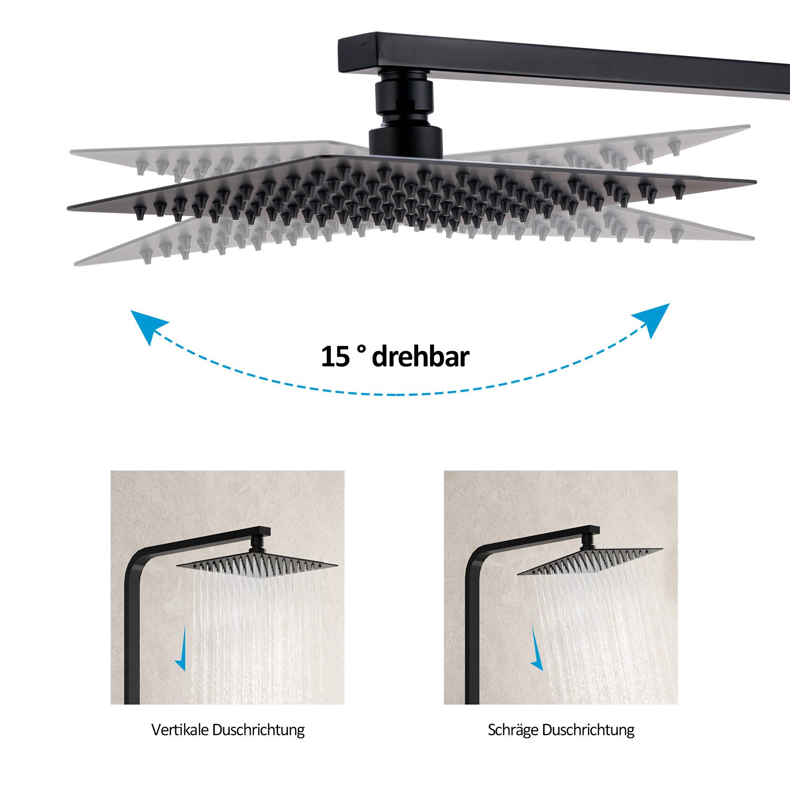 MEYKOERS Duschsäule Duschsystem mit Thermostat, Regendusche und Handbrause, Mattschwarz, Messing-Armaturenkörper und Edelstahl-Steigrohr, 1,5m PVC‑Schlauch