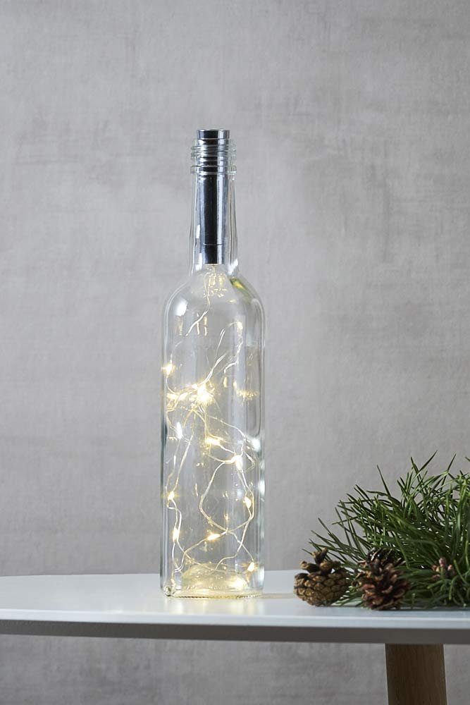 STAR TRADING LED-Lichterkette Dew Drop, Korken Draht silber 0,75m Timer warmweiß für Flaschen