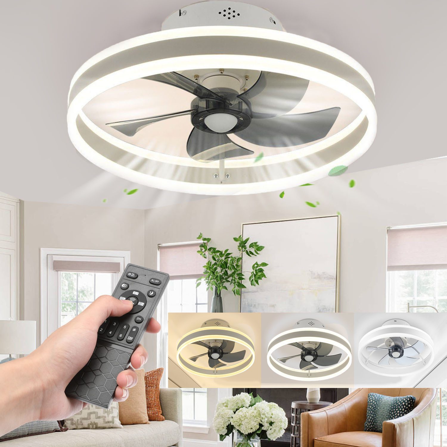 oyajia Deckenventilator 50W Deckenleuchte Dimmbar, Leise Deckenventilator 6 Geschwindigkeiten, LED Deckenbeleuchtung mit Ventilator für Wohnzimmer Schlafzimmer Küche