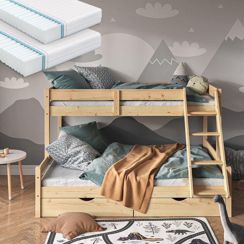 VitaliSpa® Etagenbett Everest, Naturholz, 140x200 / 90x200 cm mit 2 Matratzen und 2 Schub... (3-St., mit Leiter, Schubladen und Matratzen), mit Bettleiter