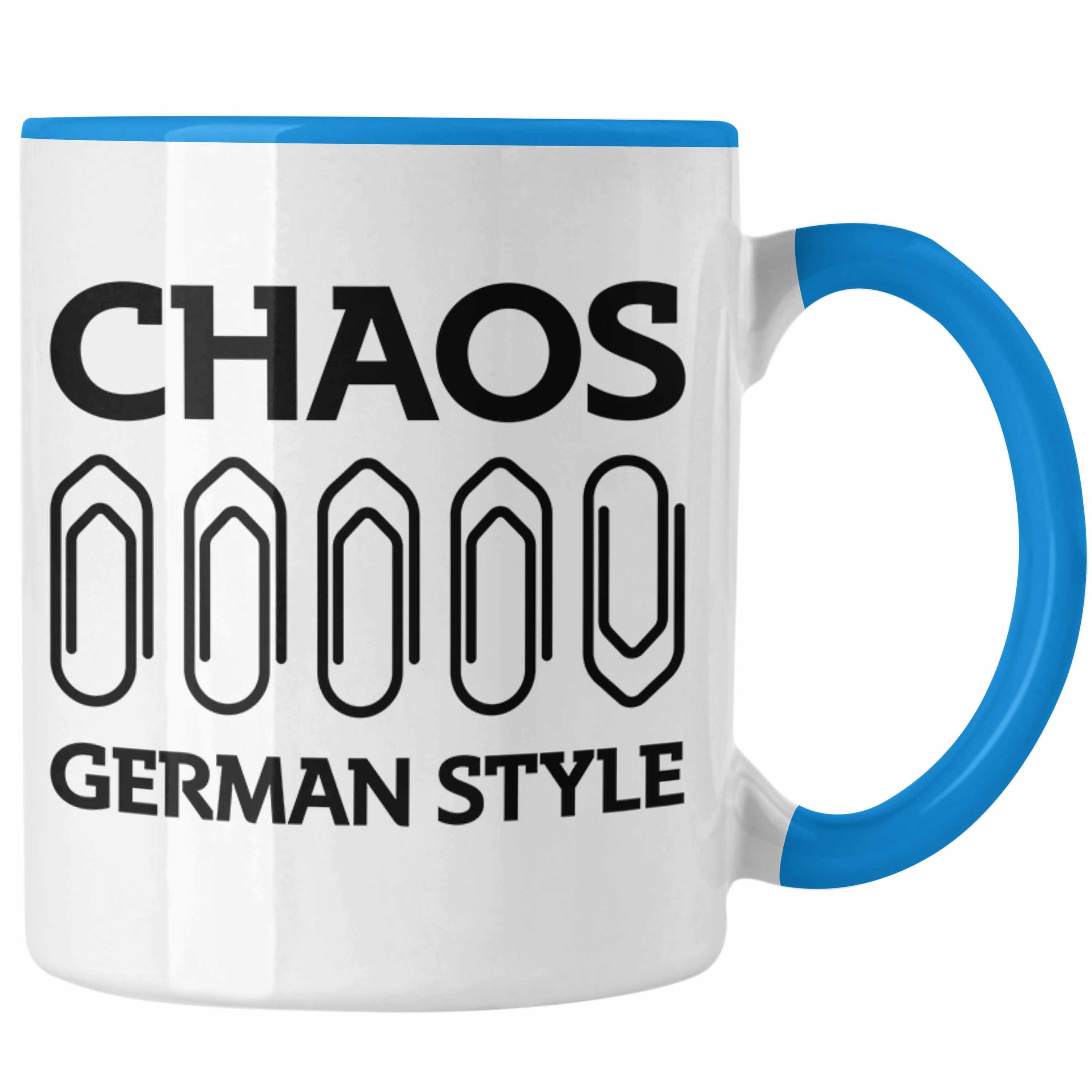 Trendation Tasse Trendation - Chaos German Style Tasse Lustiger Spruch Bürotasse mit Spruch Geschenk Kollege Kollegin Blau