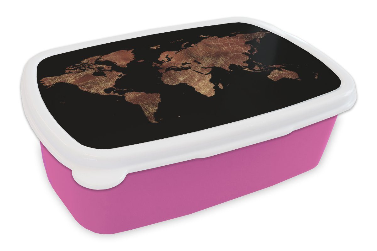 MuchoWow Lunchbox Weltkarte - Rot - Gold, Kunststoff, (2-tlg), Brotbox für Erwachsene, Brotdose Kinder, Snackbox, Mädchen, Kunststoff rosa