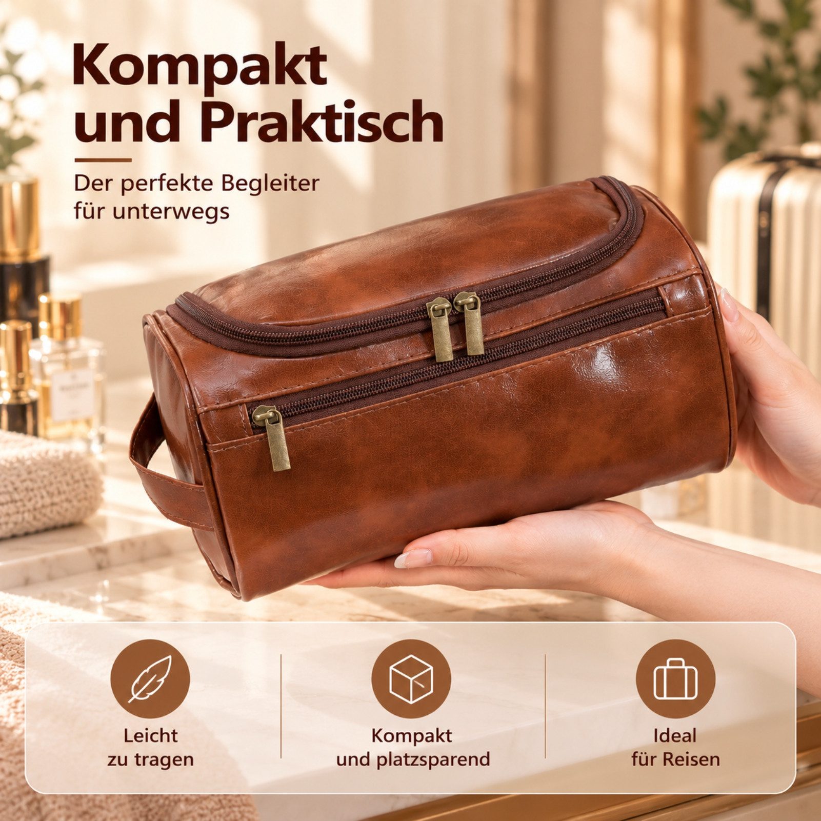 Jumpeak Kulturbeutel kulturtasche damen,kulturtasche damen gross,kulturbeutel herren, PU-Leder, dreifaches Lederdesign,kulturbeutel damen,Brauner – Bild 5 von 5