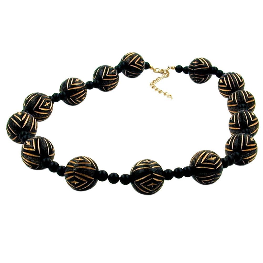 unbespielt Collier Kette Schmuckperlen Kunststoffperlen schwarz-goldfarben 50 cm, Modeschmuck für Damen