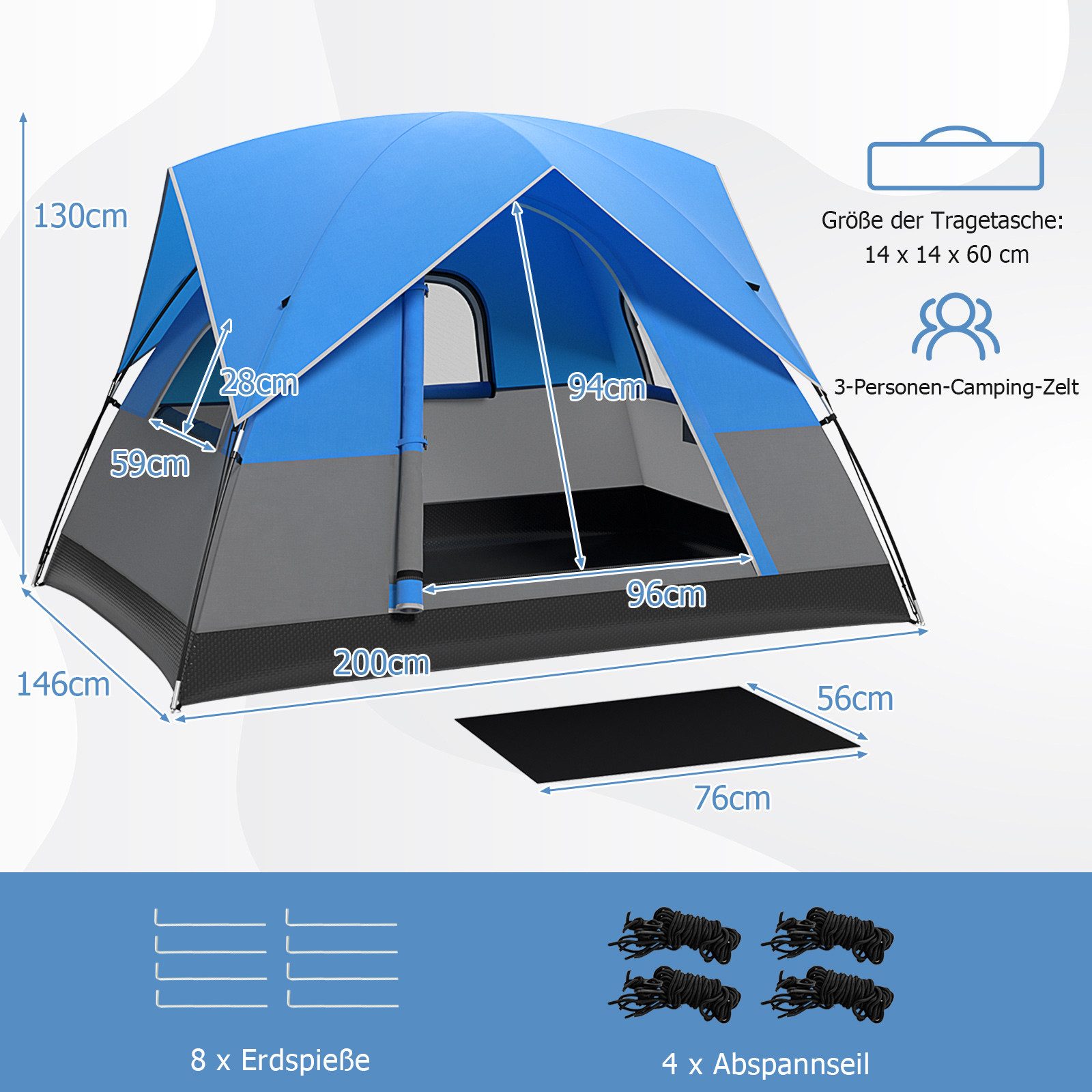 COSTWAY Kuppelzelt, Personen: 3, Camping Zelt mit abnehmbarem Regenschutz