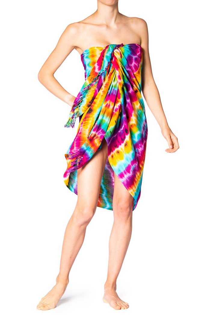 PANASIAM Pareo Sarong TieDye Design aus leichter Viskose Strandtuch Wrap, Strandkleid Bikini Cover-up Tuch für den Strand Schultertuch Halstuch Vollbunt