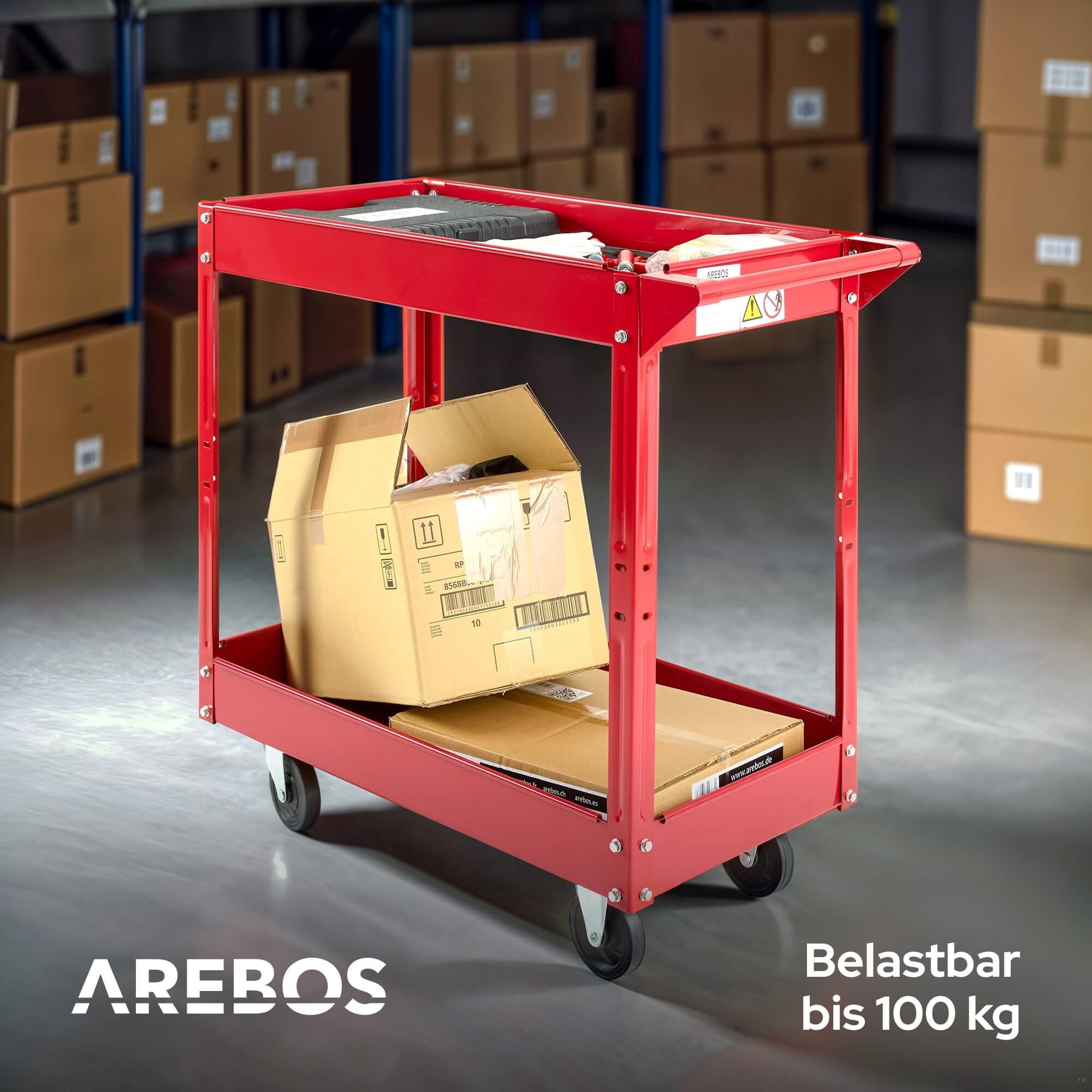 Arebos Werkstattwagen Werkstatt-Rollwagen, Werkzeugwagen, Belastbarkeit bis zu 100 kg, 2 Fächer, max. Traglast:100,00 kg – Bild 5 von 5