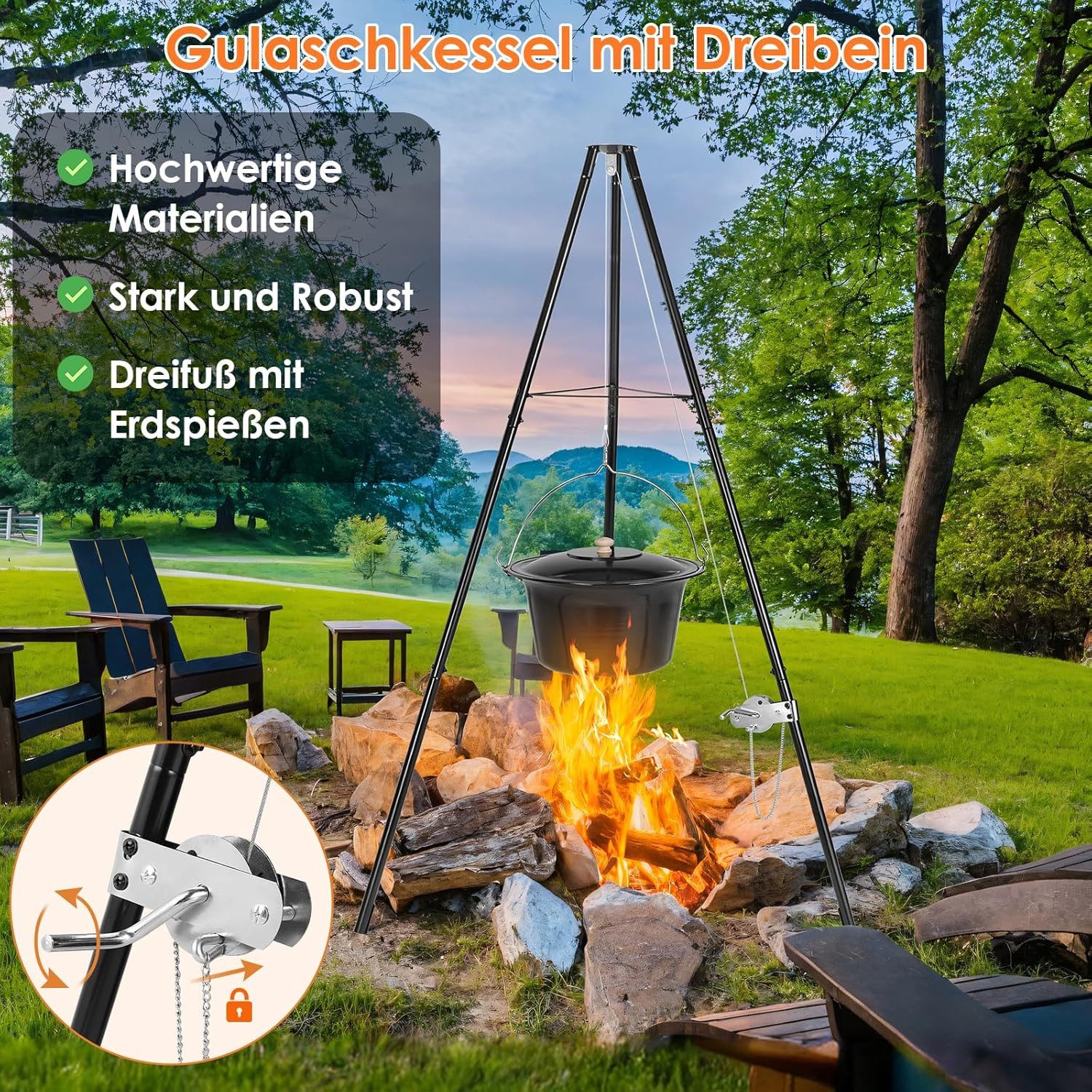 TLGREEN Holzkohlegrill Kesselgulasch Topf, 10L/15L/30L, Gulaschkessel mit Dreibein, Kettenhöhenverstellung, Kesselgulasch Topf Set, für Picknick – Bild 3 von 5