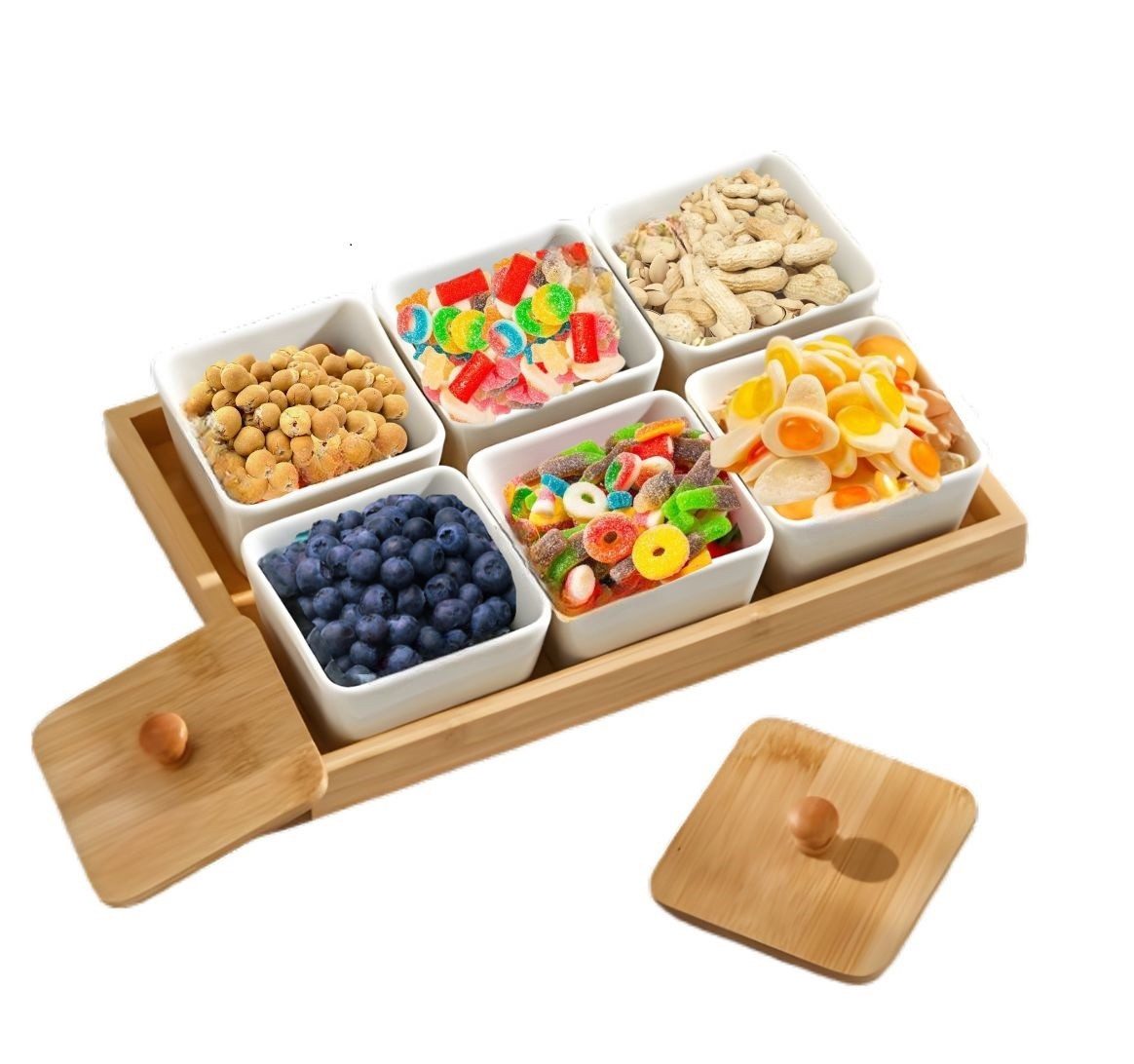 Cheffinger Servierschale Servierset Snackschalen Dipschalen Servierschalen mit Tablett, Material: Holz, Porzellan