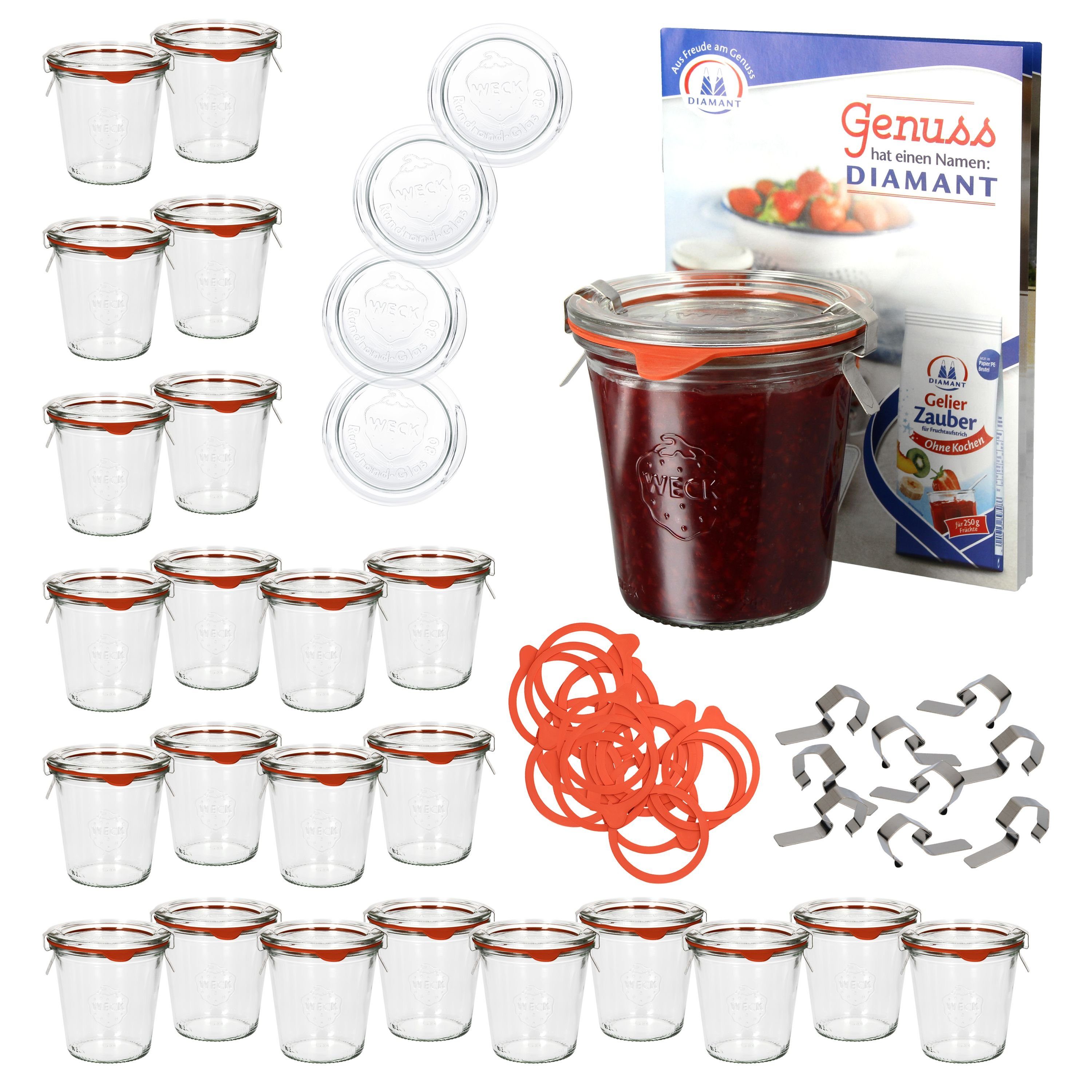 Einmachglas 24er Set Weck Sturzgläser 290ml hoch, Glasdeckel Einkochringe Klammer