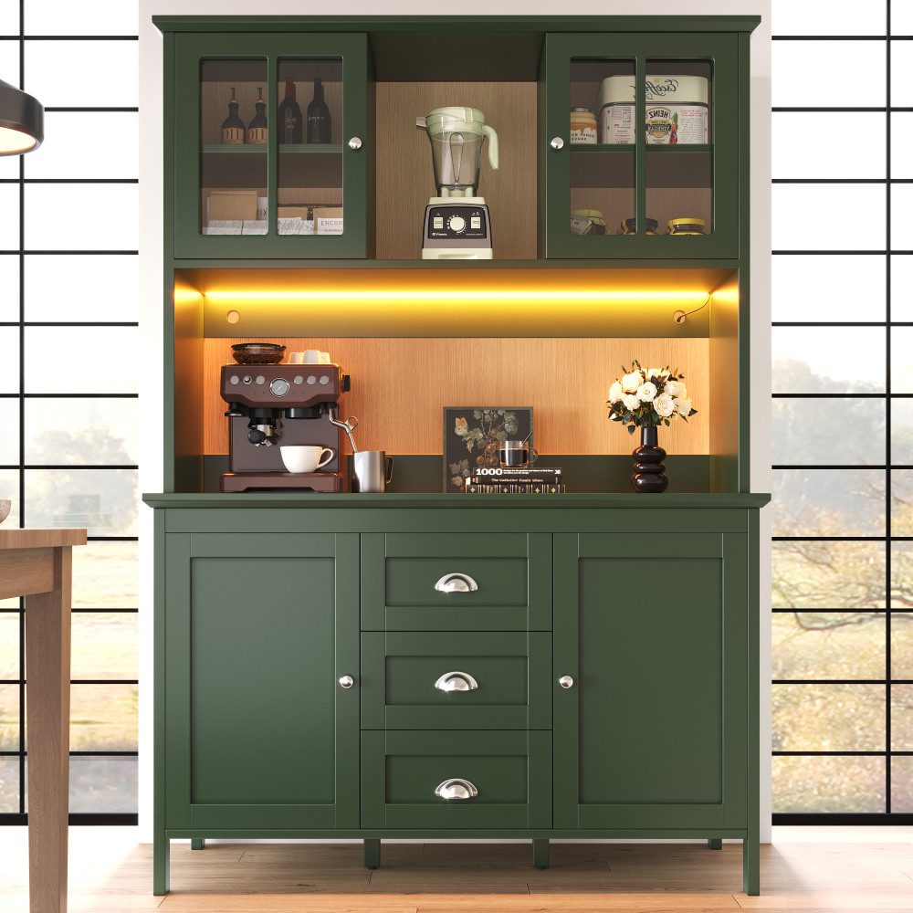 BBWL Stauraumschrank mit LED-Beleuchtung, Sideboard mit Glastüren, verstellbaren Böden Küchenschrank 120x40x179 cm, viel Stauraum, Grün
