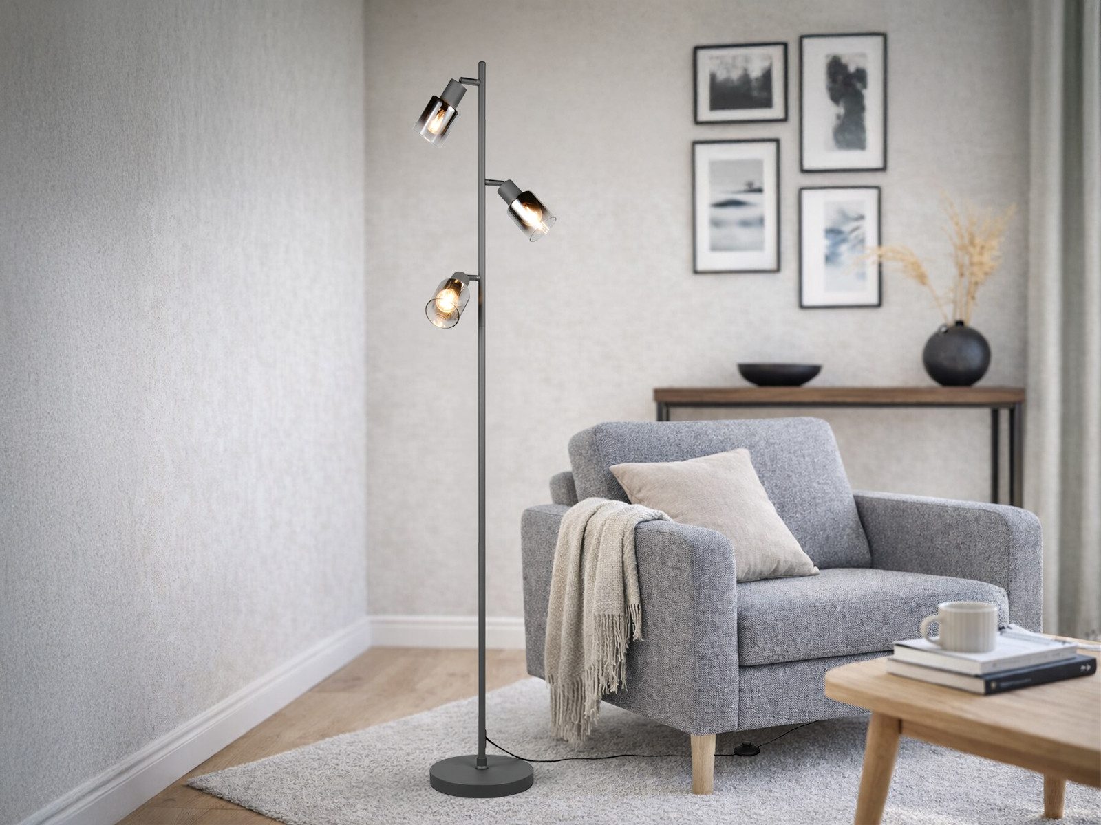 Reality Leuchten LED Stehlampe mit 3 schwenkbaren Glas Spots Höhe 154cm, Dimmfunktion, LED wechselbar, Warmweiß, Wohnzimmer Stehleuchte mit Strahlern Chromfarbig inkl. Leuchtmitteln