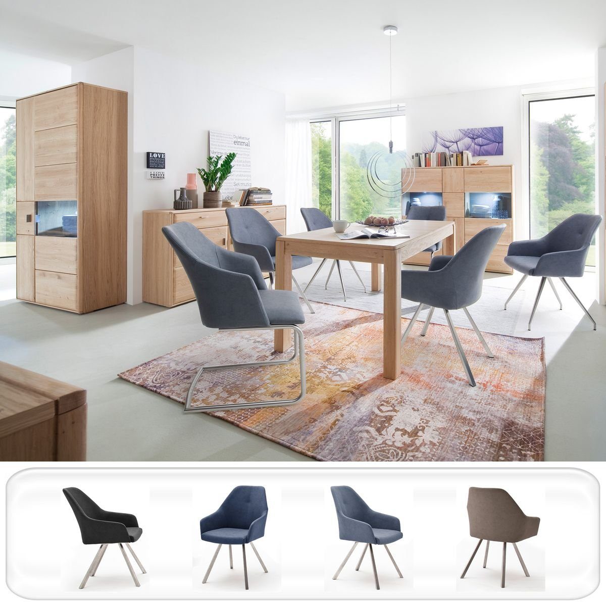 expendio Wohnzimmer-Set Torrent 143, (Spar-Set, 8-St), Eiche bianco montiert LED + 4x Stuhl A1 Kunstleder graublau