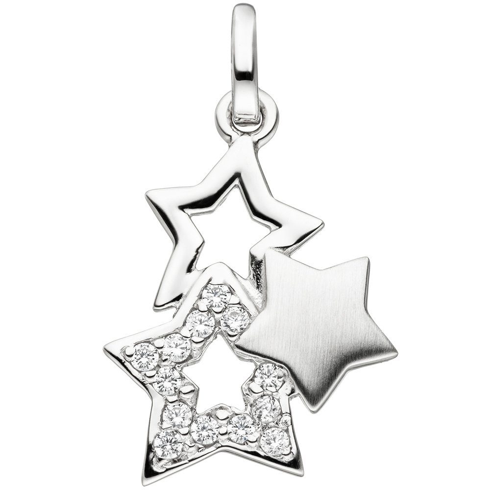 Schmuck Krone Kettenanhänger Anhänger 3 Sterne mit Zirkonia teilmattiert 925 Silber Silbersterne Sternchen, Silber 925