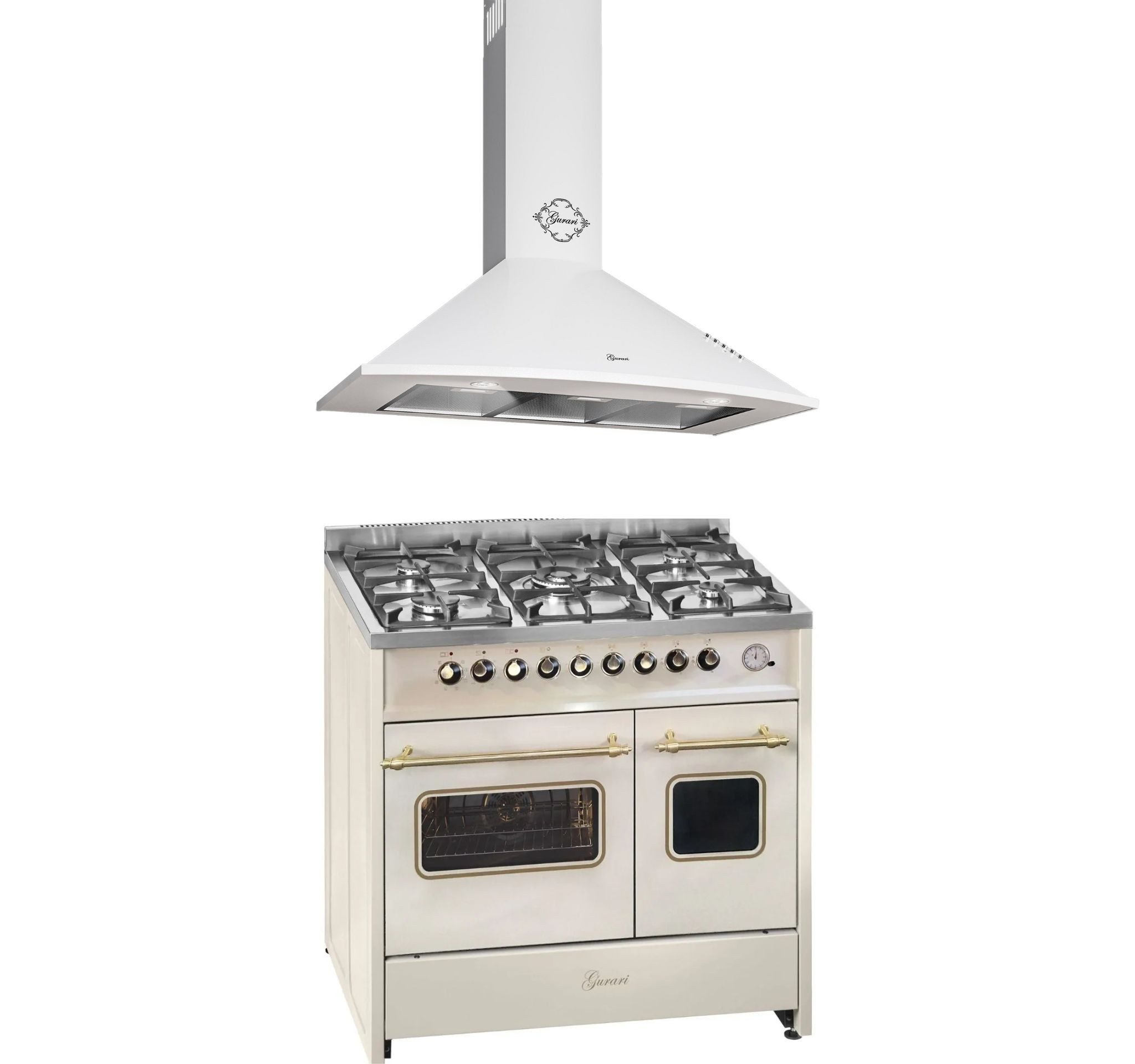 GURARI Gas-Standherd Retro-Design Creme Gas Elektro Standherd 90 cm Range Coocker+Dunstabzugshaube 90 cm GCH E 916 Cr R+GCH 046 WH 9, mit 1-fach-Teleskopauszug