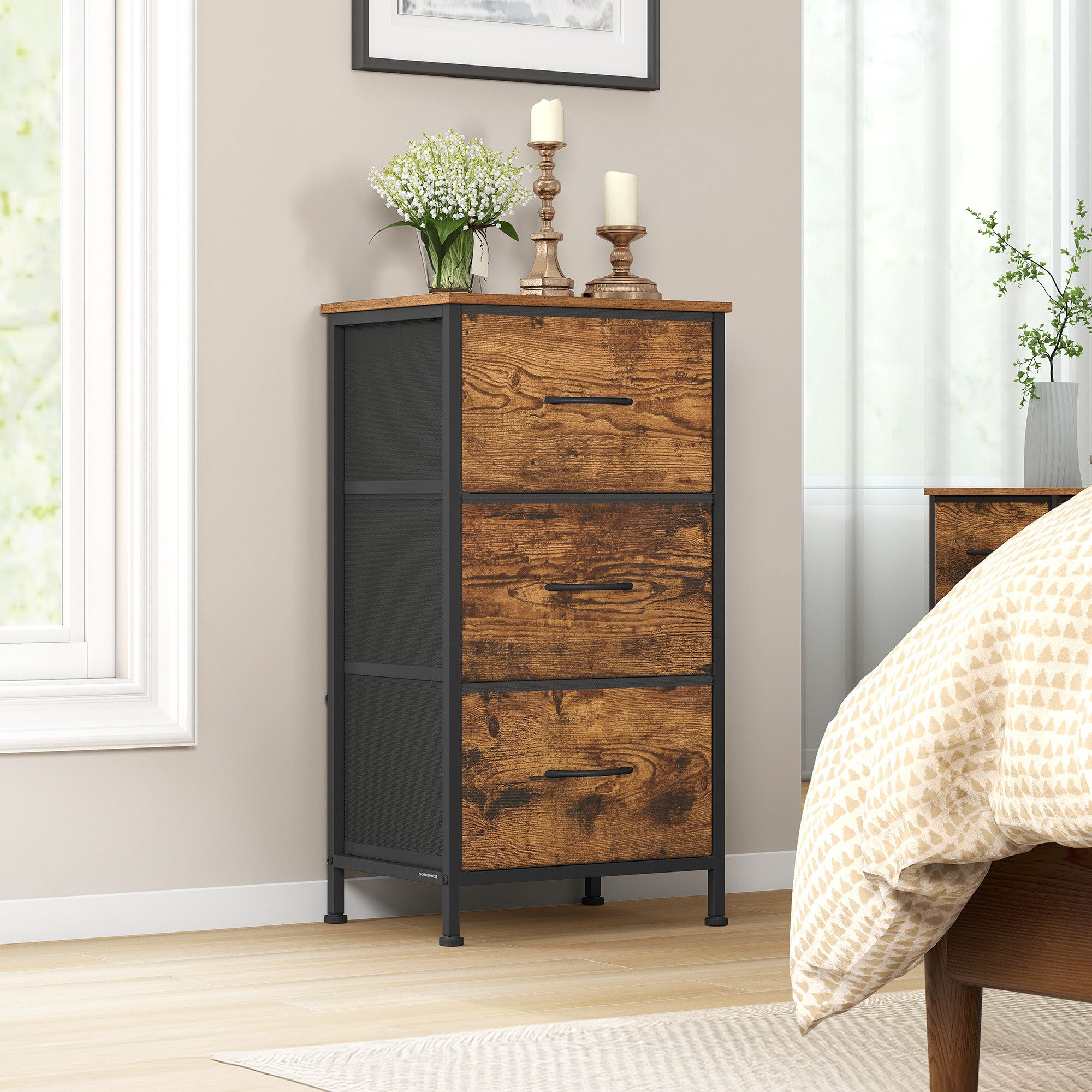 SONGMICS Kommode Schrank, Aufbewahrungsschrank, Stahl, MDF, Vliesstoff, für Schlafzimmer