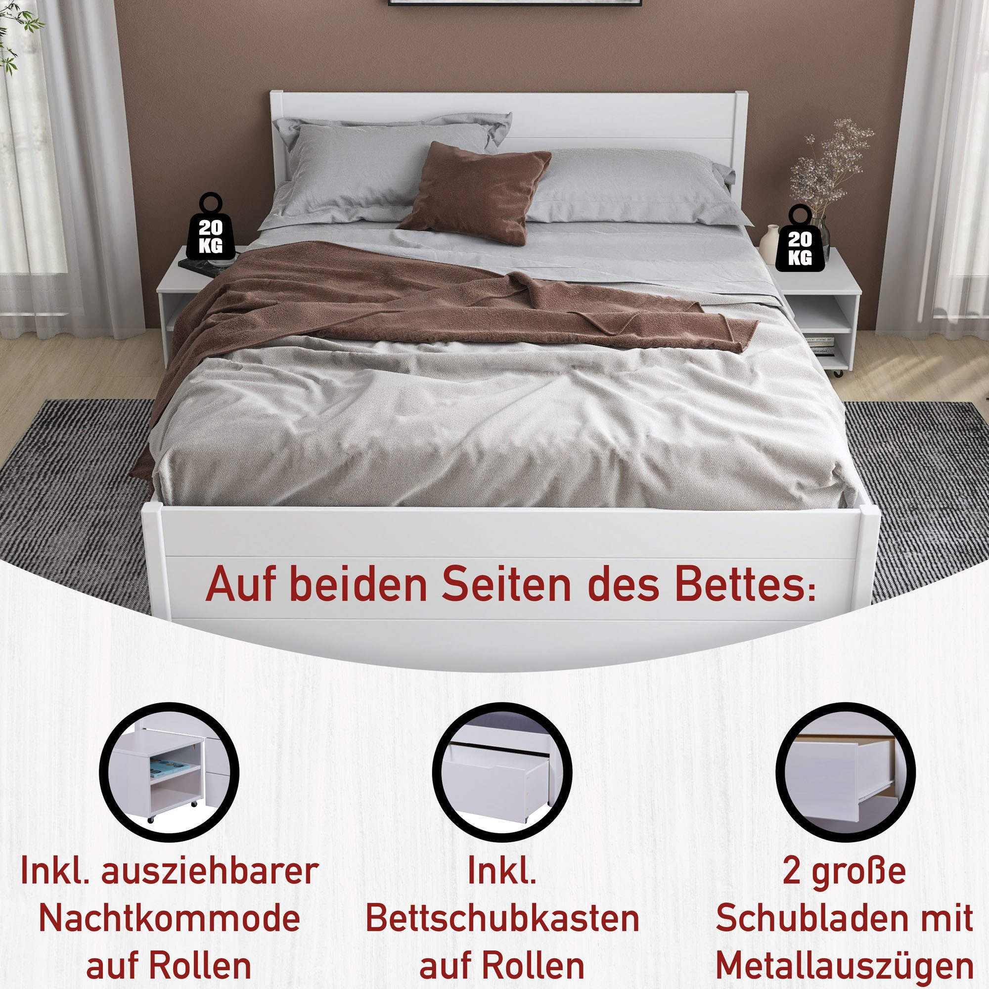 Inter Link Stauraumbett Efetivo, inkl. Nachtkommode, Einzelbett, Doppelbett, Massivholz, Bett mit Stauraum, inkl. Lattenrost, 90/140/160/180x200 cm