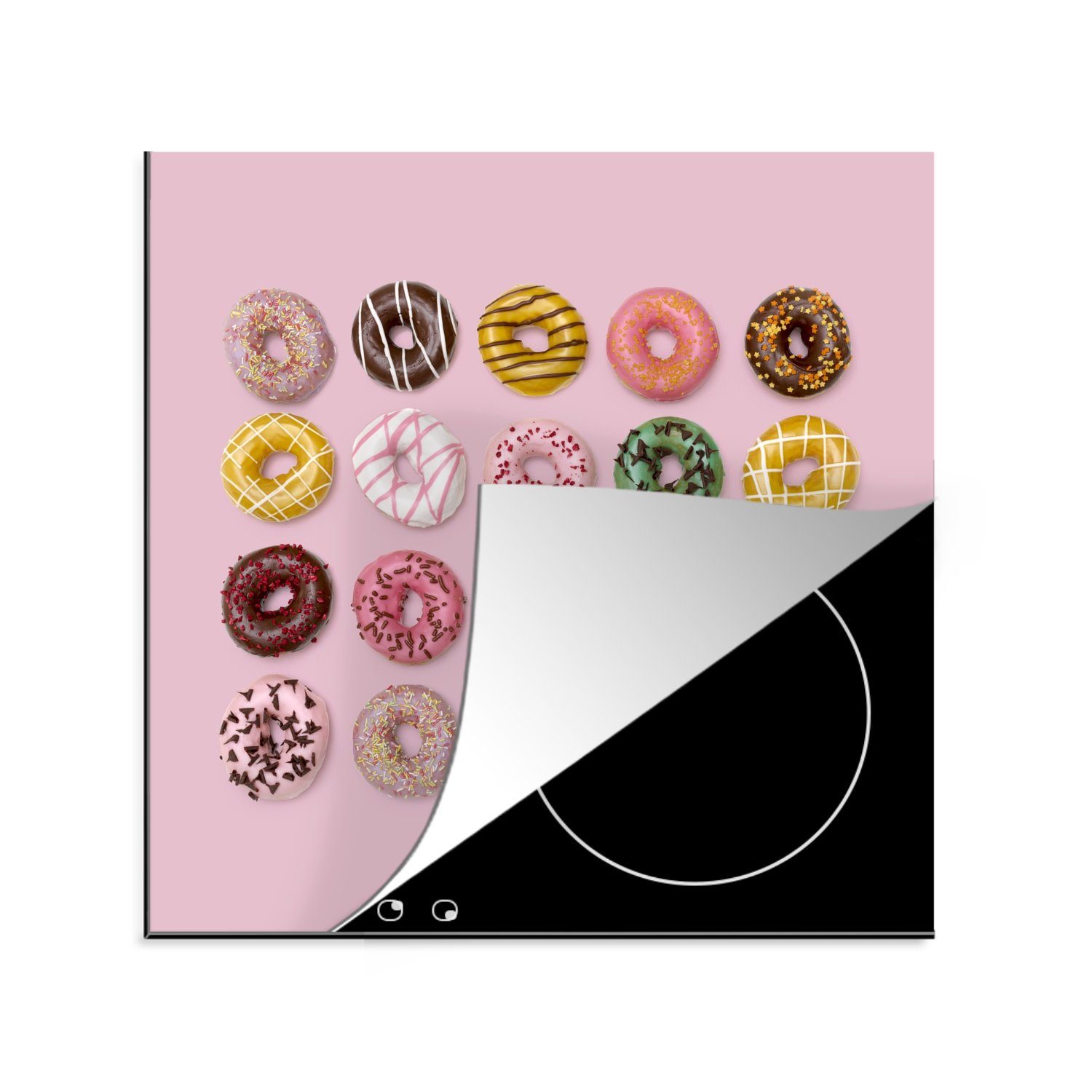 MuchoWow Herdblende-/Abdeckplatte Bunte Donuts auf rosa Hintergrund, Vinyl, (1 tlg), 78x78 cm, Ceranfeldabdeckung, Arbeitsplatte für küche