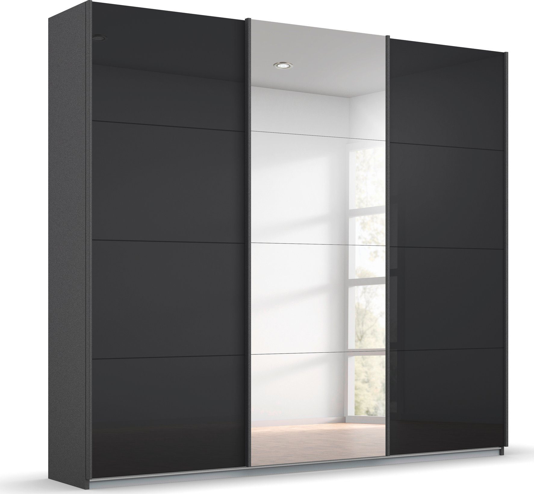 rauch Schwebetürenschrank Kleiderschrank Schrank Garderobe KOLUNA mit Glastüren und Spiegel inkl. 2 Innenschubladen sowie extra Einlegeböden MADE IN GERMANY