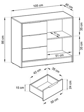 MOEBLO Kommode JOHN 2D (dekorative Lamellen Schrank Sideboard mit Türen und 3 Schubladen, Moderne Wohnzimmer Schlafzimmer Möbel Kommode für Wohnzimmer), (BxHxT): 105x86x45 cm