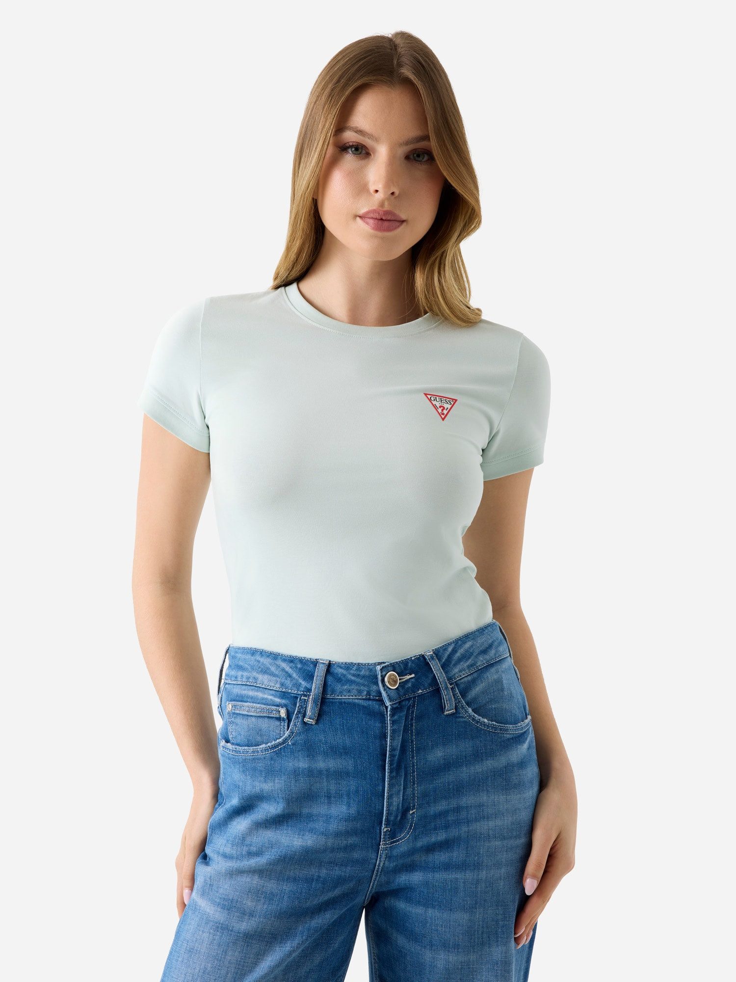 Guess T-Shirt SS CN MINI TRIANGLE TEE aus Baumwolljersey mit Stretch, Slim Fit