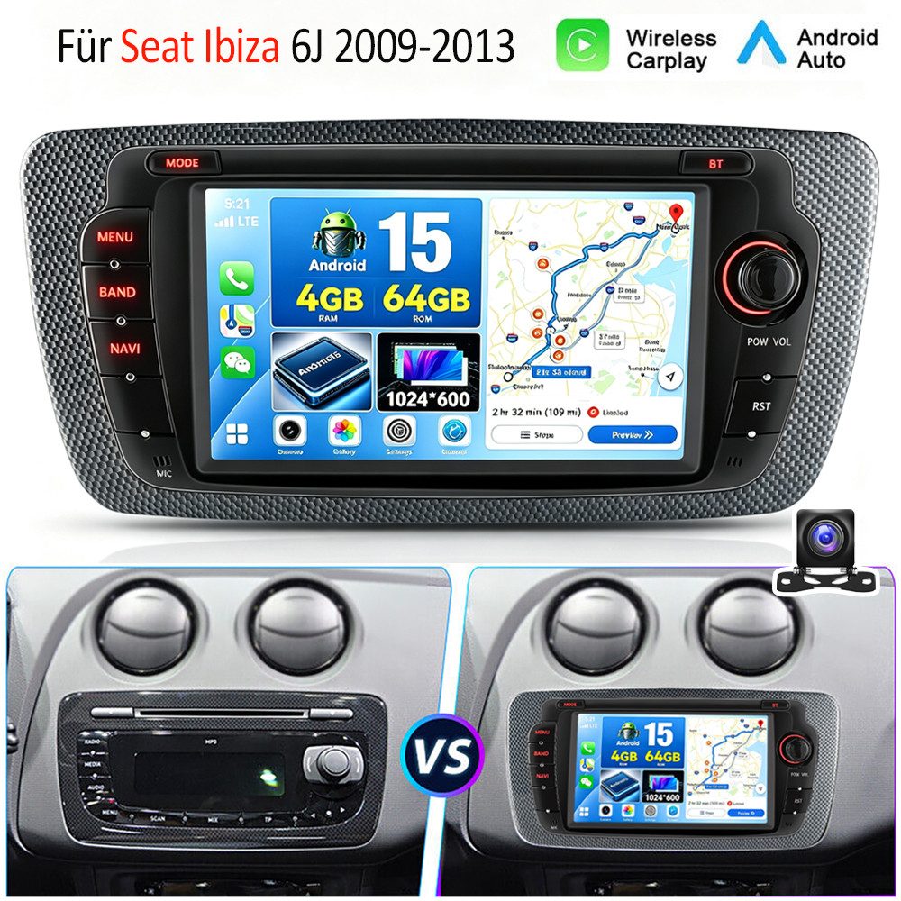 ESSGOO DAB+ 64G Android 15 Für Seat Ibiza IV 6J 2009-13 GPS Navi RDS Carplay Autoradio (AM, FM, 4+64GB(optional), RDS, DAB (optional), DAB+ (optional), Apple Carplay & Android Auto,2+64GB(optional),EQ SWC,DBA)